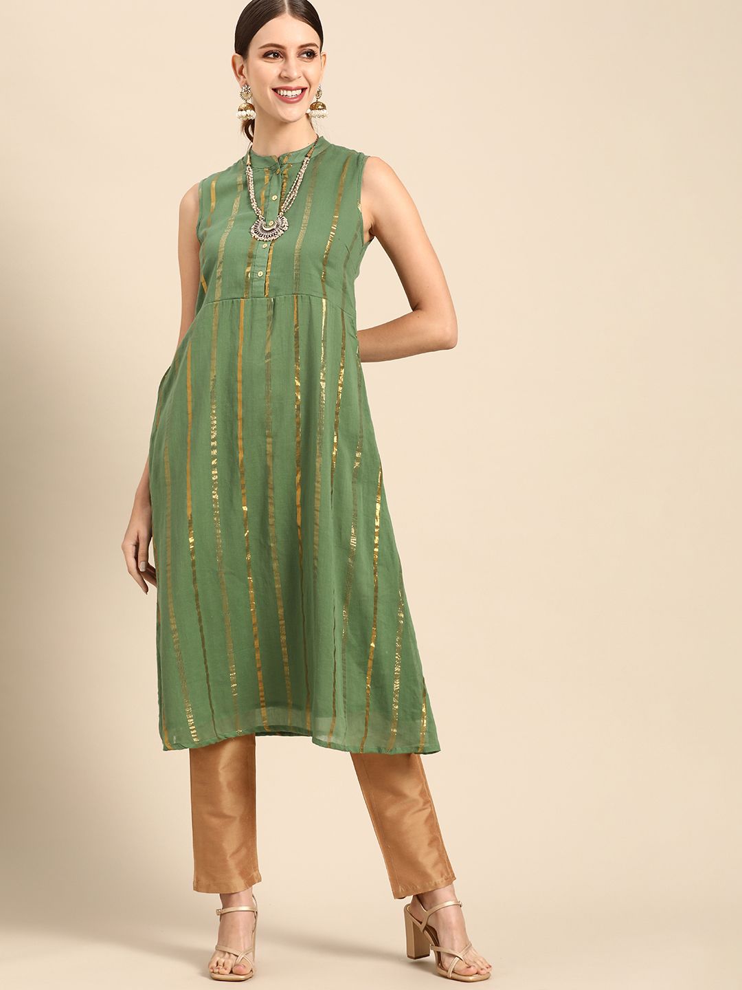 Anouk Women Green & Golden Pure Cotton Striped A-Line Kurta Price in India