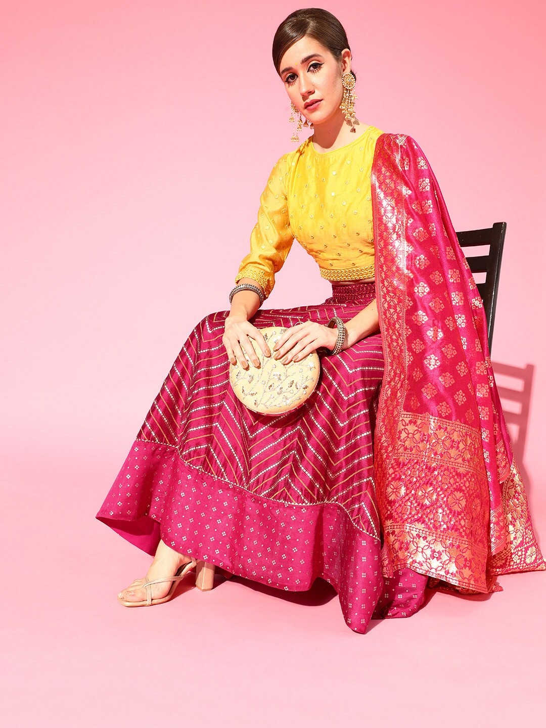 Anouk Women Pink & Yellow Embellished Ready to Wear Lehenga & Blouse With Dupatta Price in India