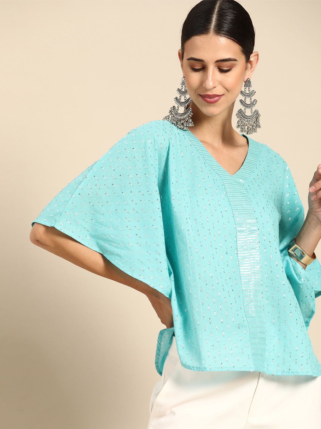 Anouk Turquoise Blue & Silver Geometric Woven Design Pure Cotton Top