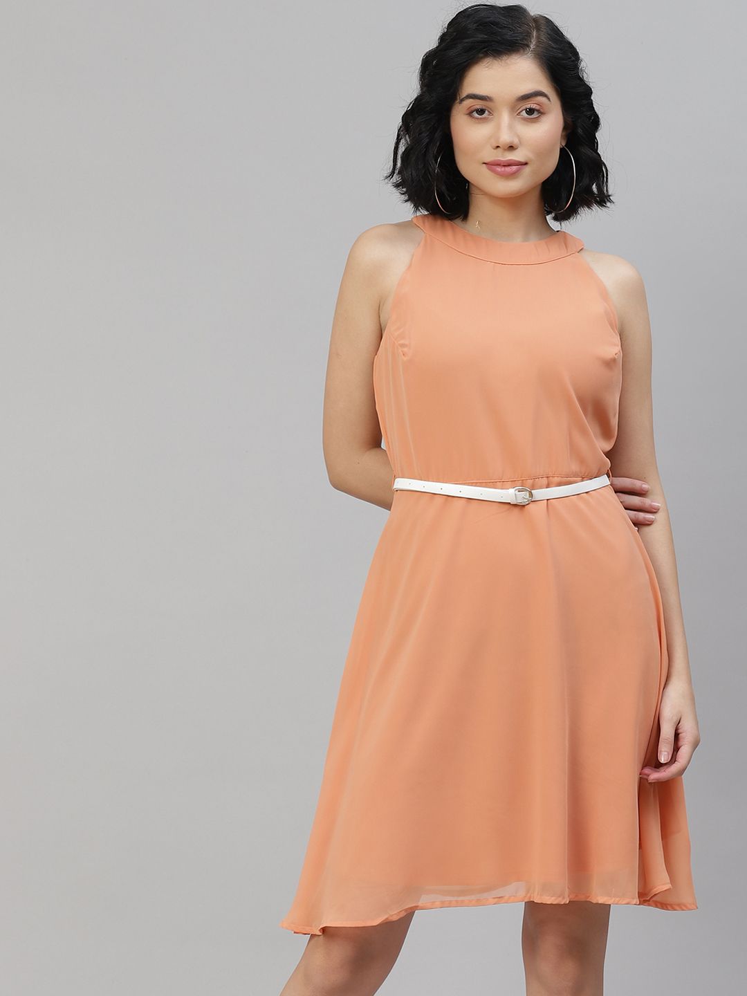 Flying Machine Women Peach-Coloured Solid A-Line Dress