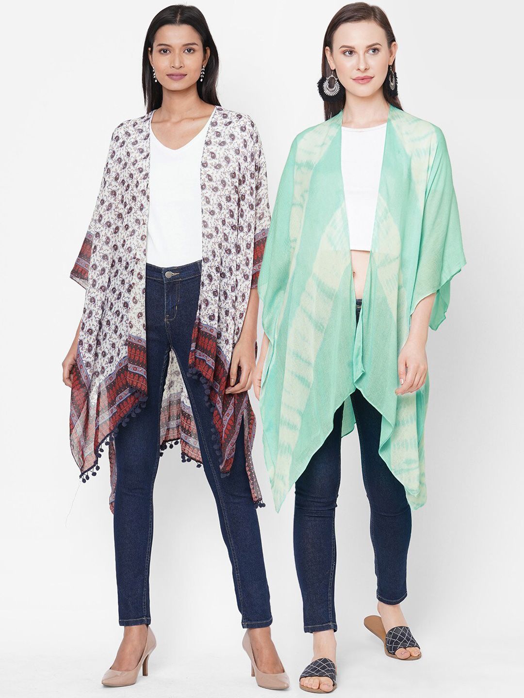 Get Wrapped Women Pack of 2 Multicoloured Printed Open Front Kimono Shrug Price in India