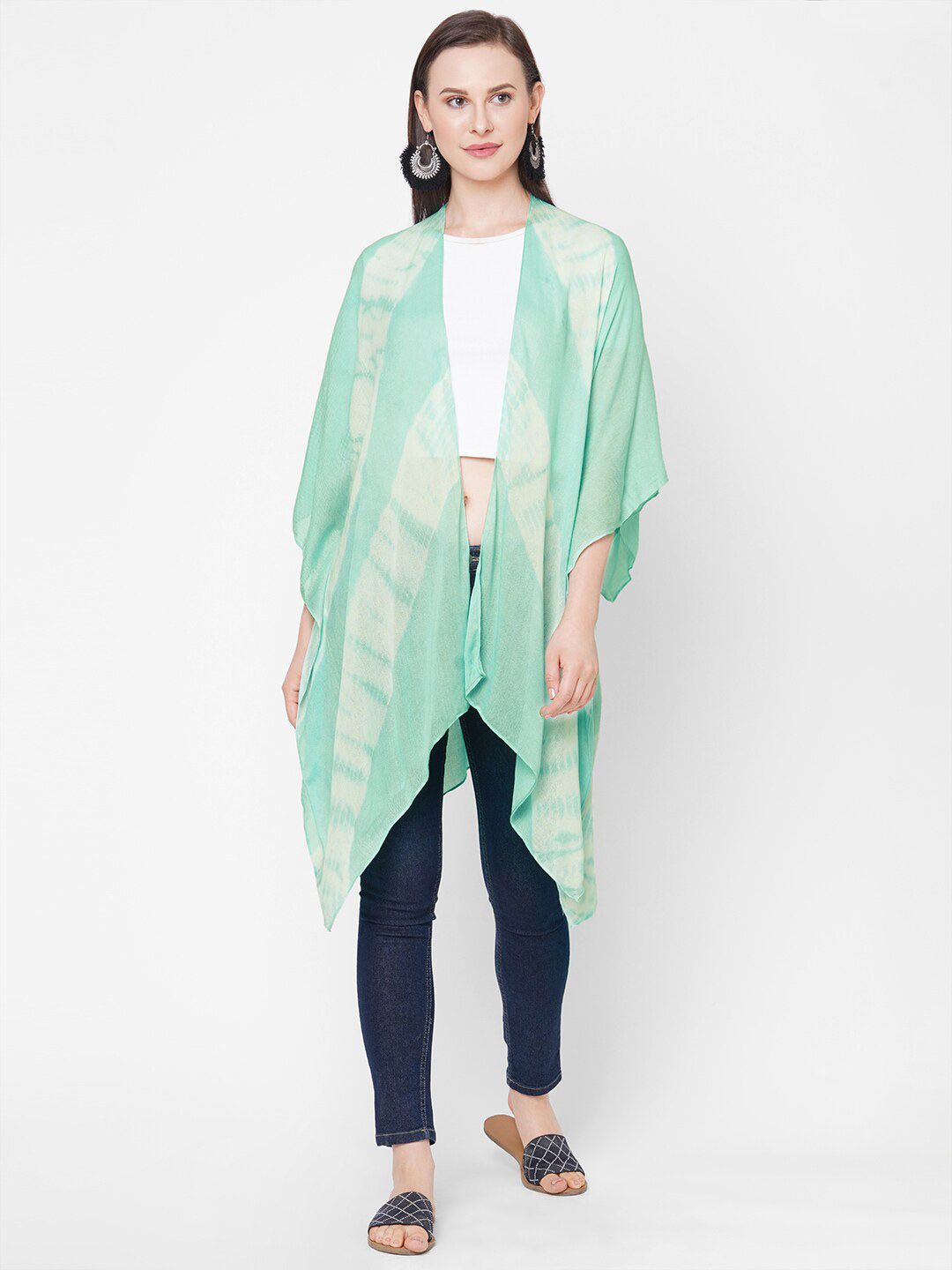 Get Wrapped Women Green  White Printed Open Front Kimono Shrug Price in India