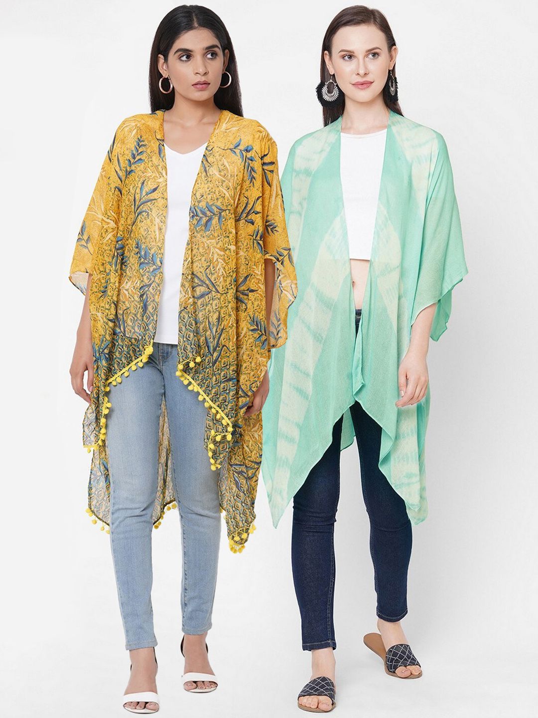 Get Wrapped Women Yellow  Green Pack of 2 Printed Open Front Kimono Shrug Price in India