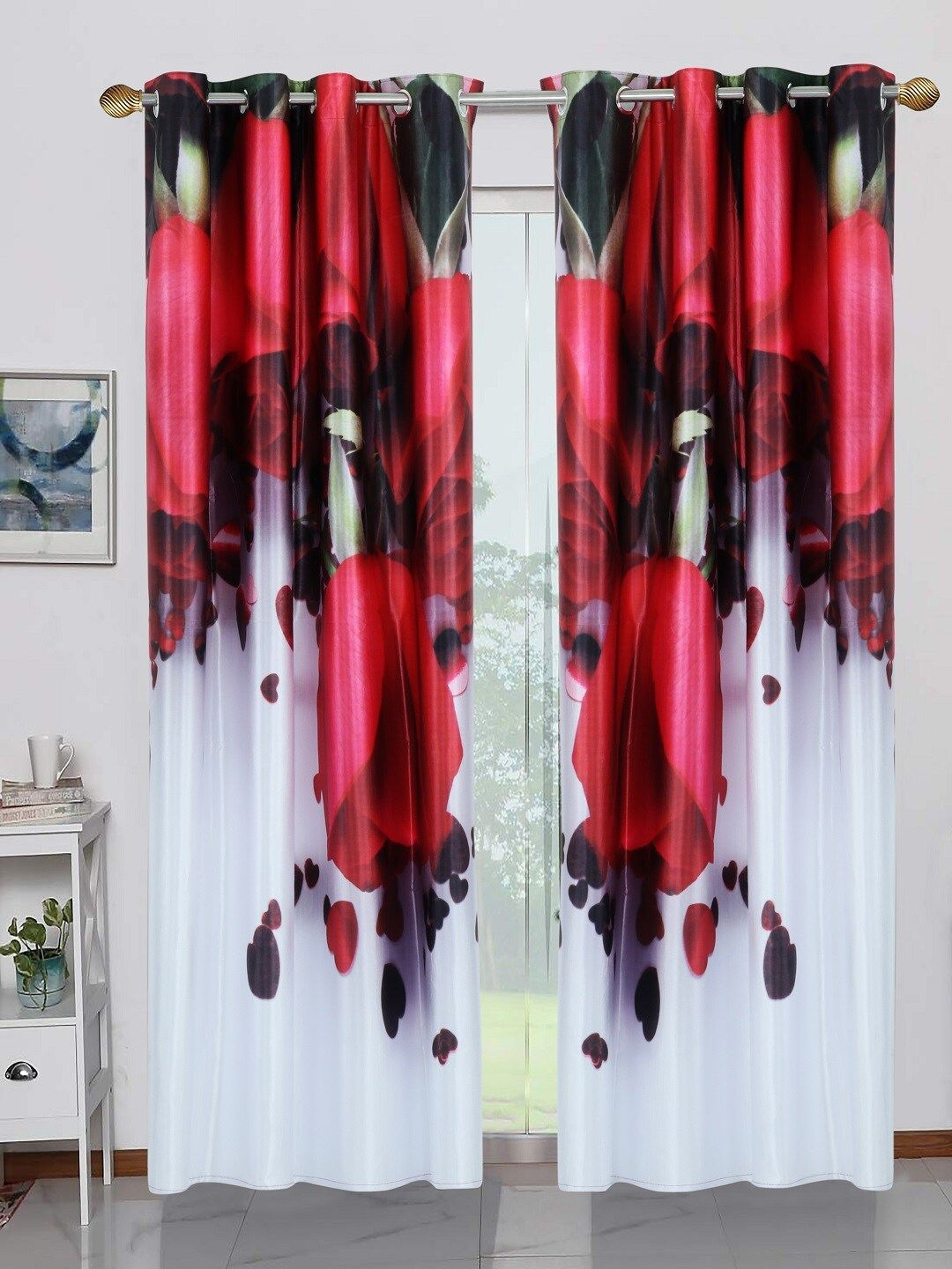 BELLA TRUE Set of 2 Red & White Floral Door Curtains Price in India