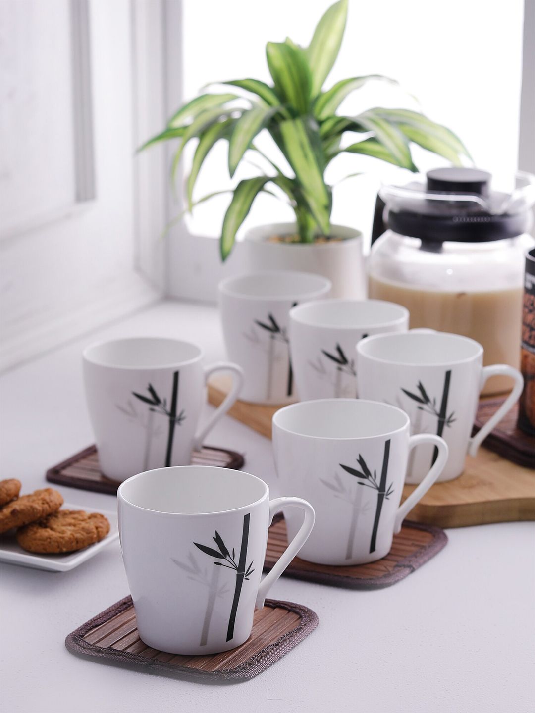 CLAY CRAFT White & Black Set of 6 Printed Ceramic Cups Price in India