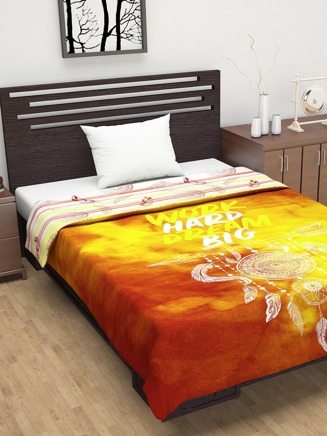 Divine Casa Orange & Yellow Geometric AC Room 110 GSM Single Bed Dohar Price in India