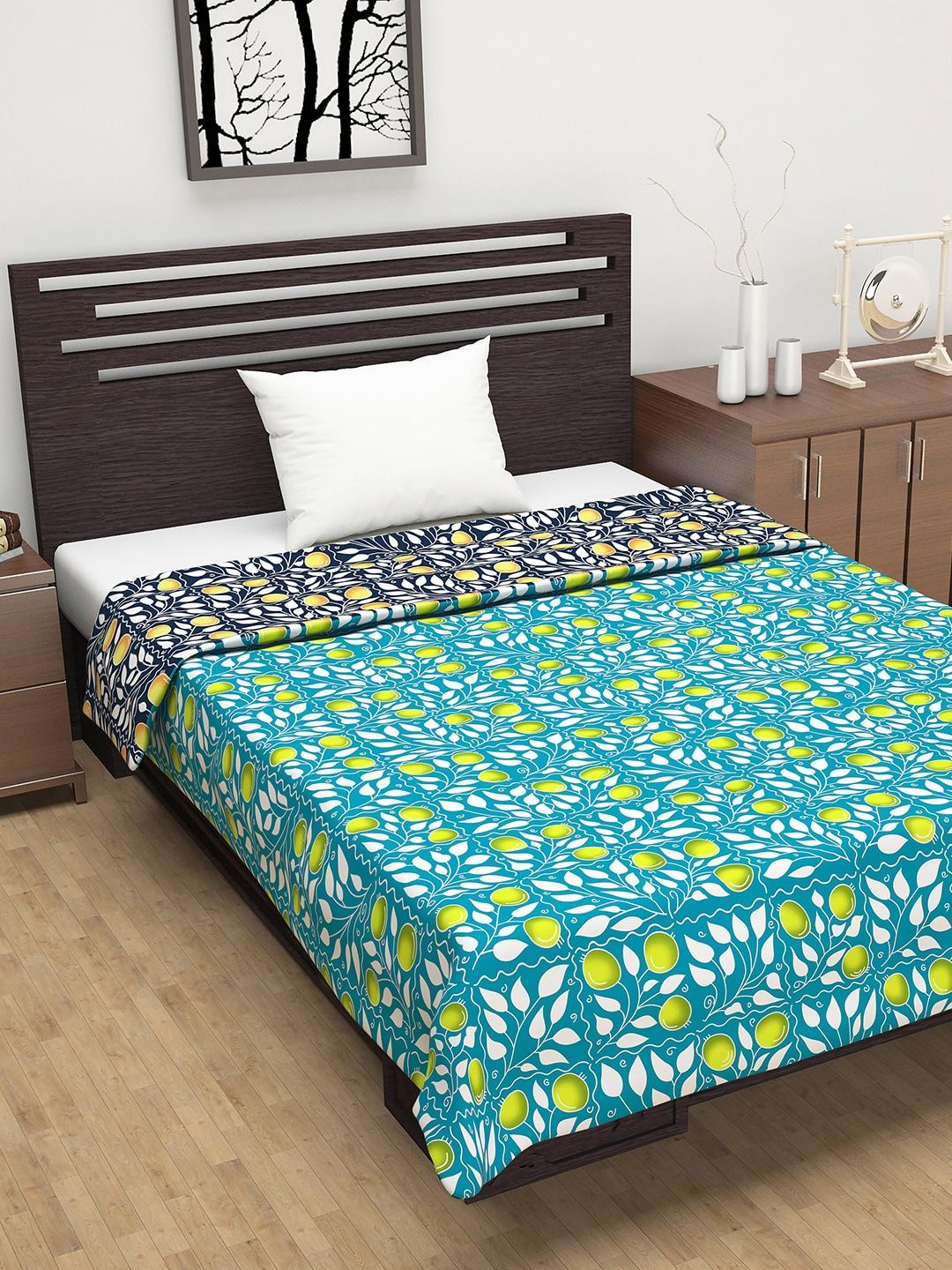 Divine Casa Navy Blue & Sea Green Floral AC Room 110 GSM Single Bed Dohar Price in India