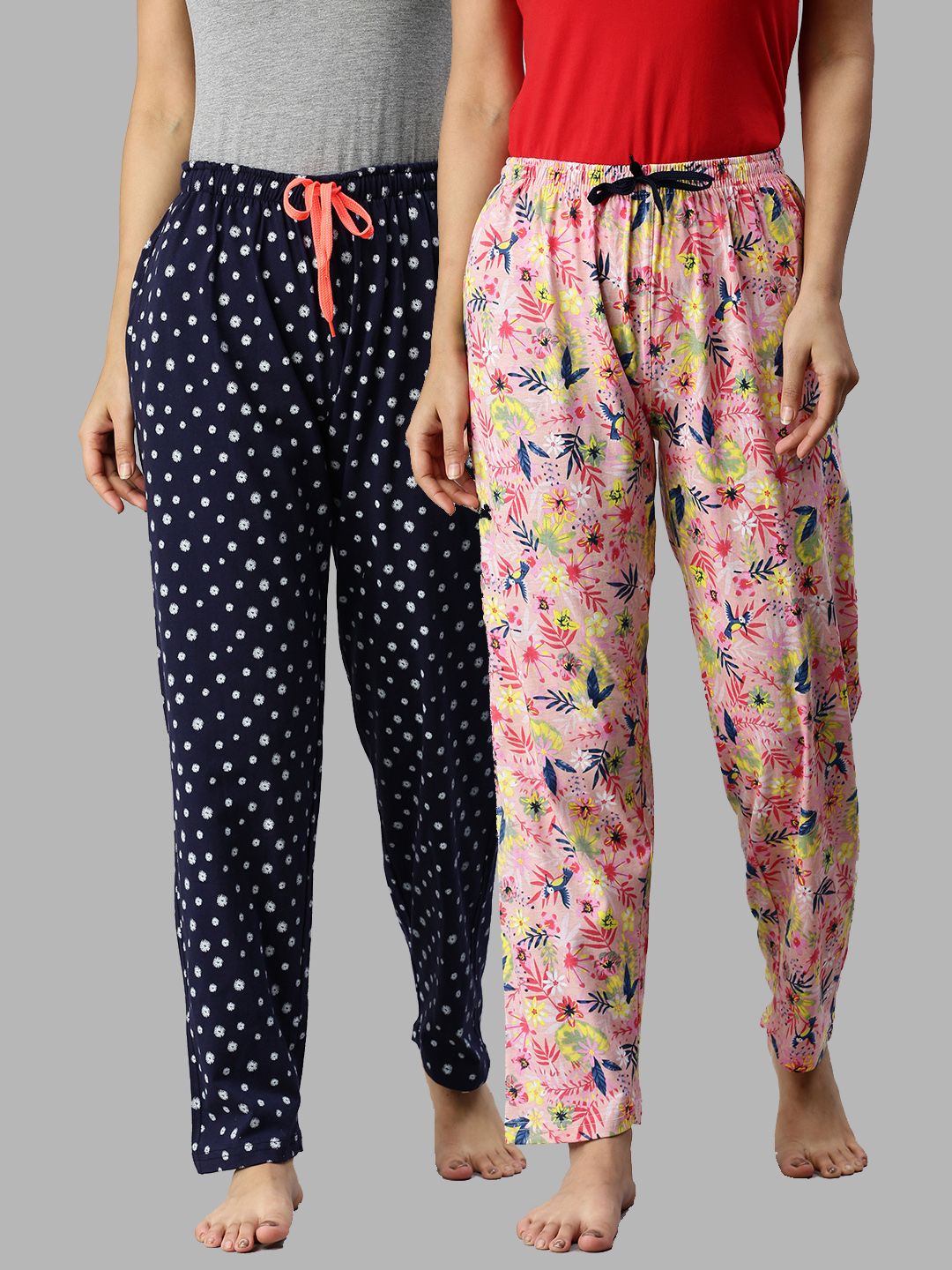 Kryptic Women Pack Of 2 Pink & Navy Blue Printed Pure Cotton Lounge Pants Price in India