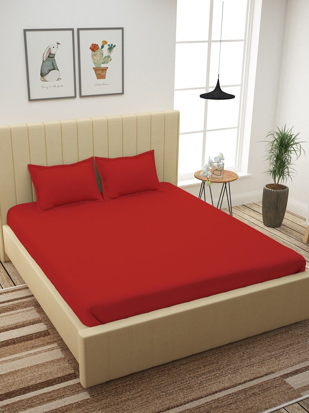 Story@home Red Solid 210 TC Cotton 1 King Bedsheet with 2 Pillow Covers Price in India