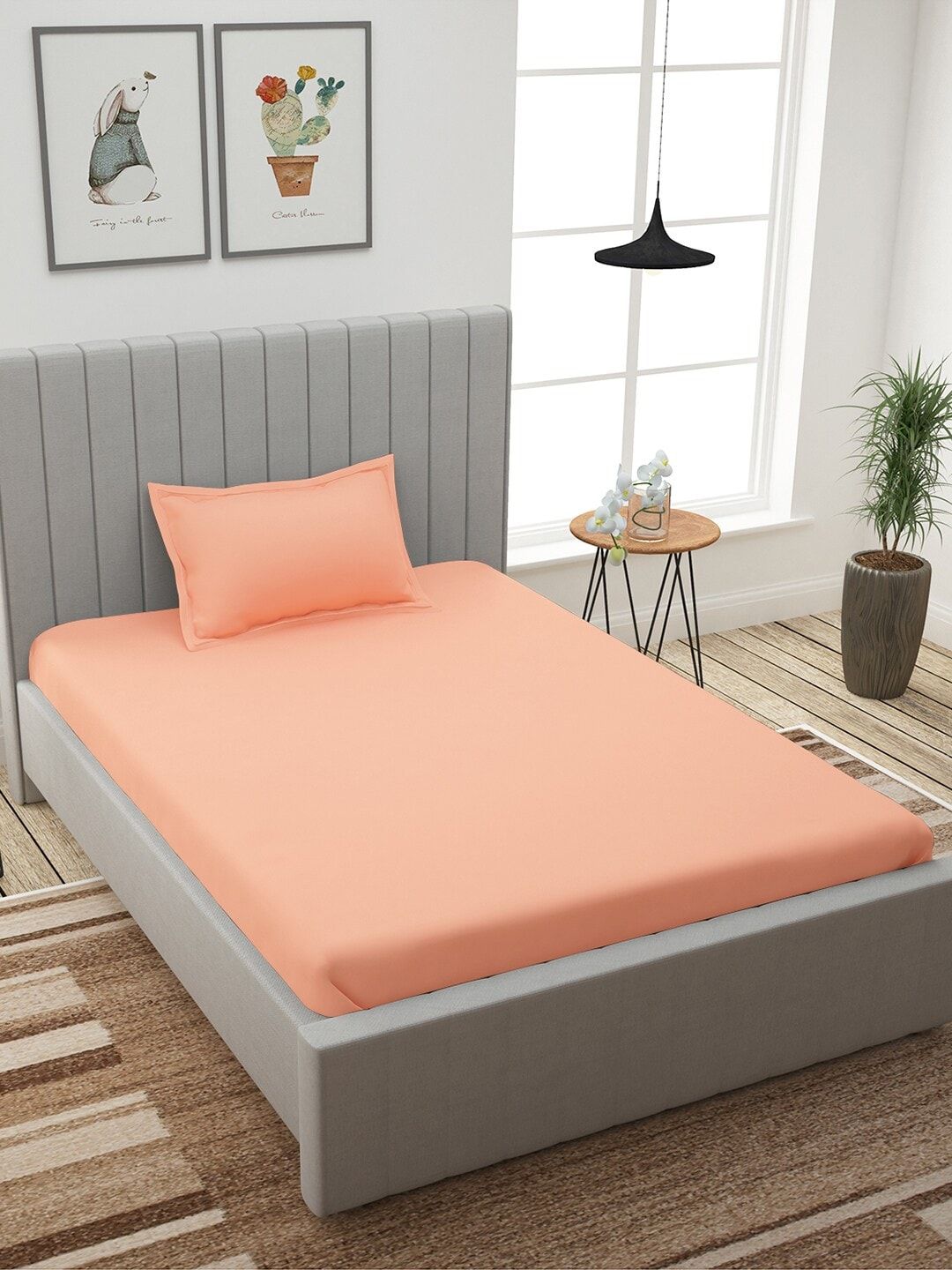 Story@home Peach-Coloured Solid 210 TC Cotton 1 Single Bedsheet with 1 Pillow Covers Price in India