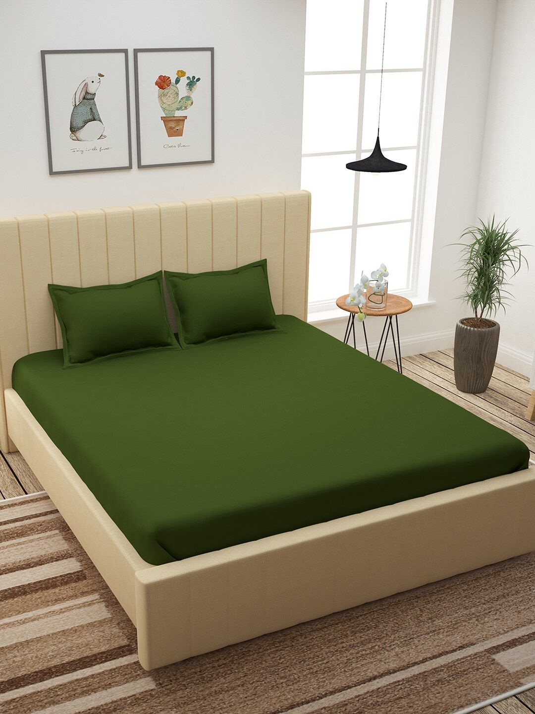 Story@home Green Solid 210 TC Cotton 1 King Bedsheet with 2 Pillow Covers Price in India