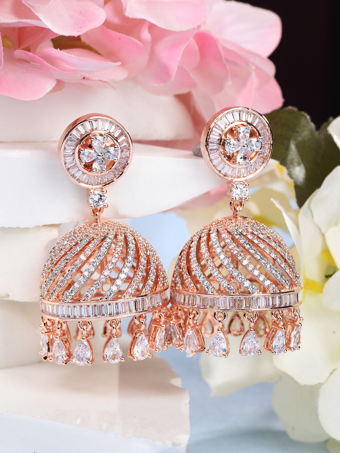 Saraf RS Jewellery Rose Gold-Plated & White AD Dome Shaped Jhumkas Price in India