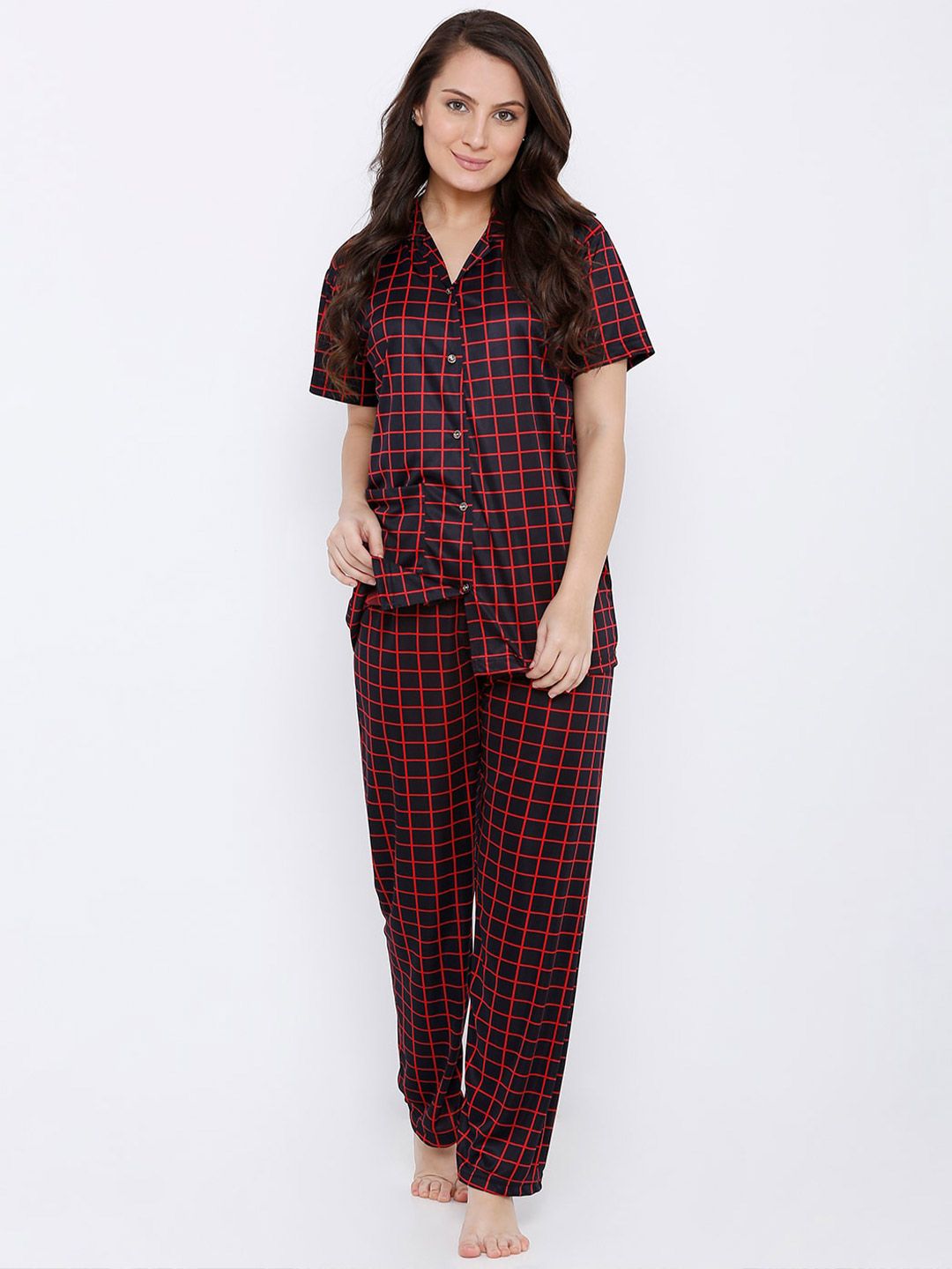 Pretty Awesome Women Black & Red Checked Night suit Price in India