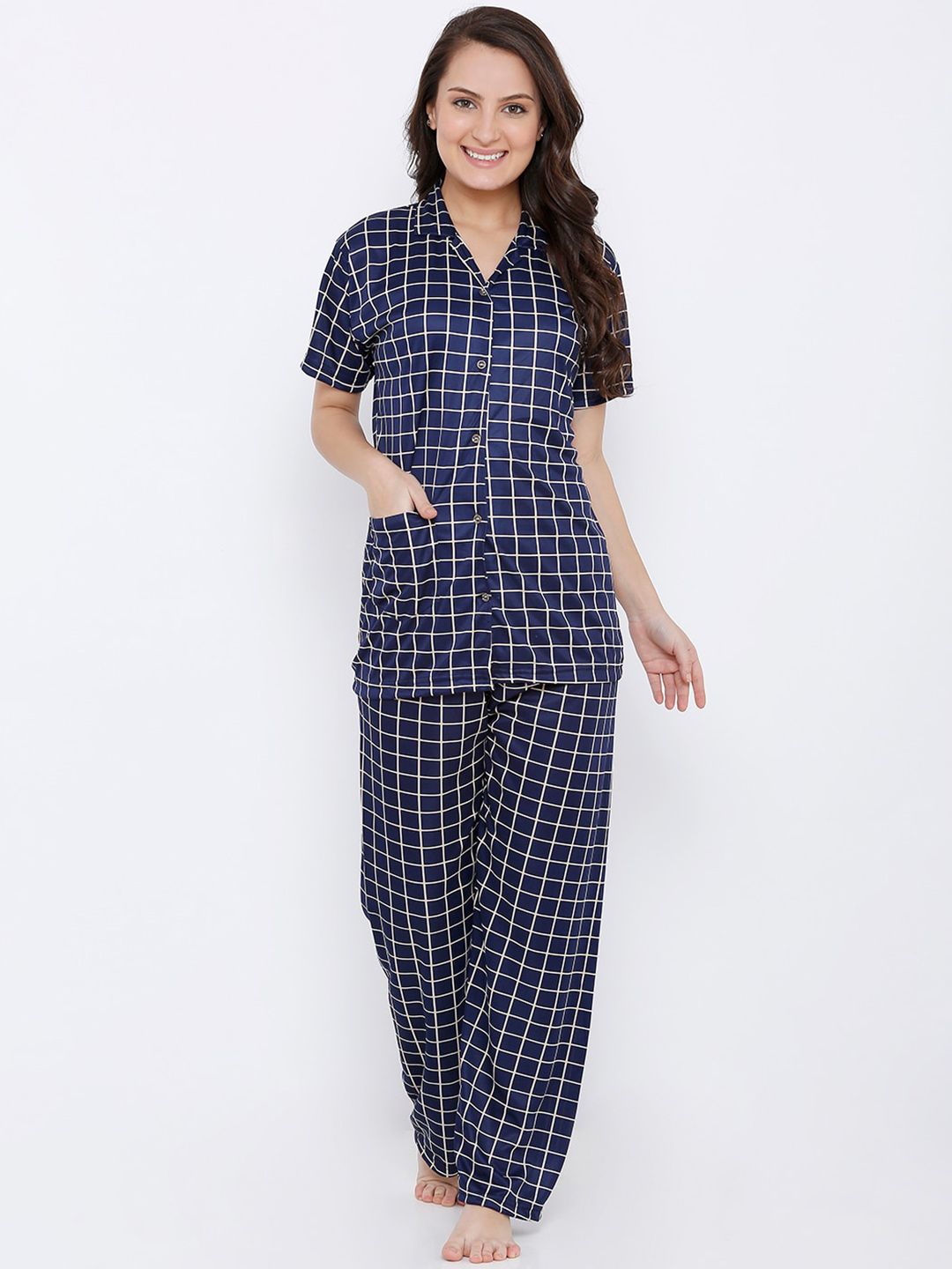 Pretty Awesome Women Navy Blue & Beige Checked Night suit Price in India