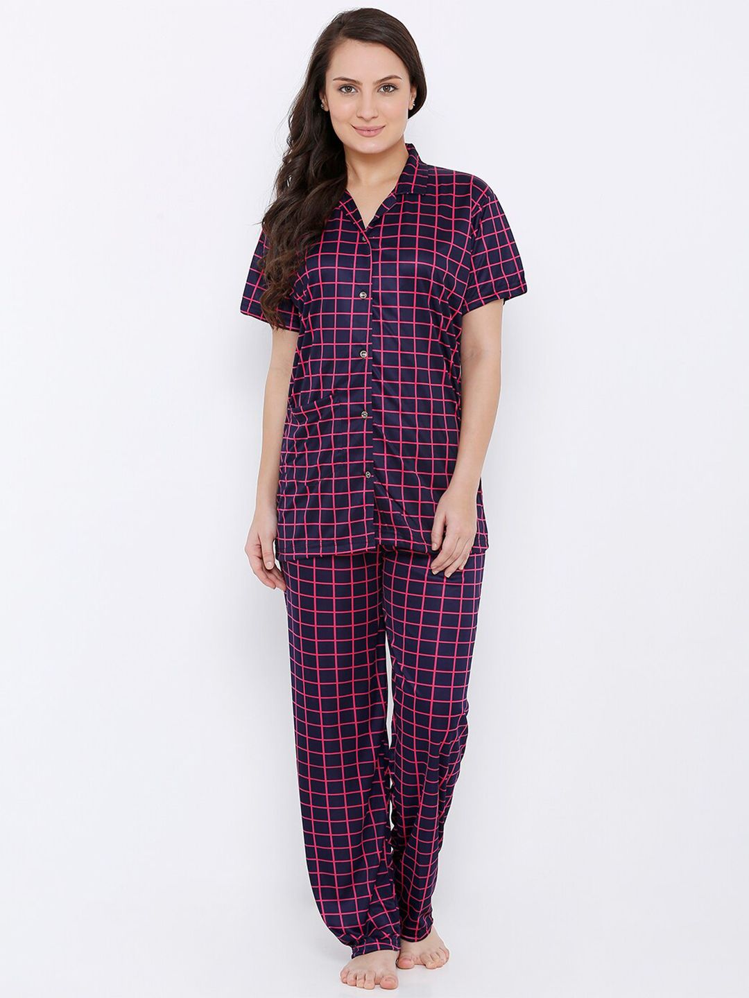 Pretty Awesome Women Navy Blue & Pink Checked Night suit Price in India