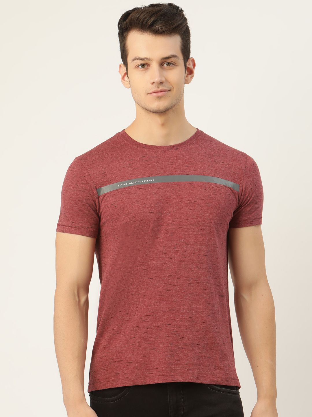 Flying Machine Men Rust Brown Solid Round Neck T-shirt