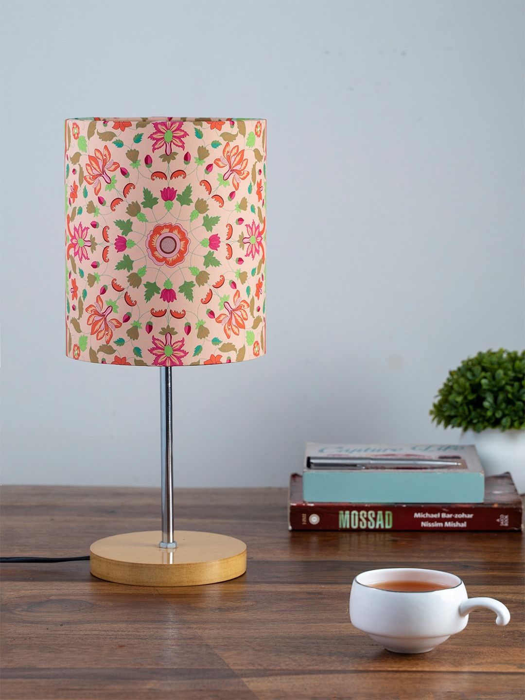 KOLOROBIA Peach-Coloured & Green Printed Quirky Buffet Table Lamp with Shade Price in India