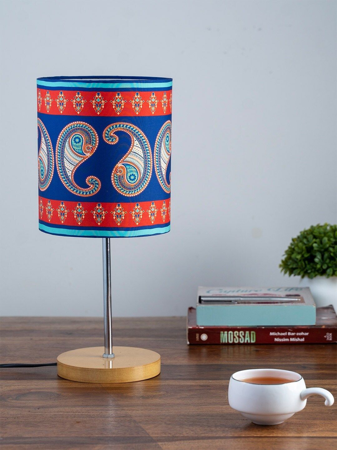 KOLOROBIA Blue & Red Majestic Paisley Printed Traditional Buffet Table Lamp with Shade Price in India