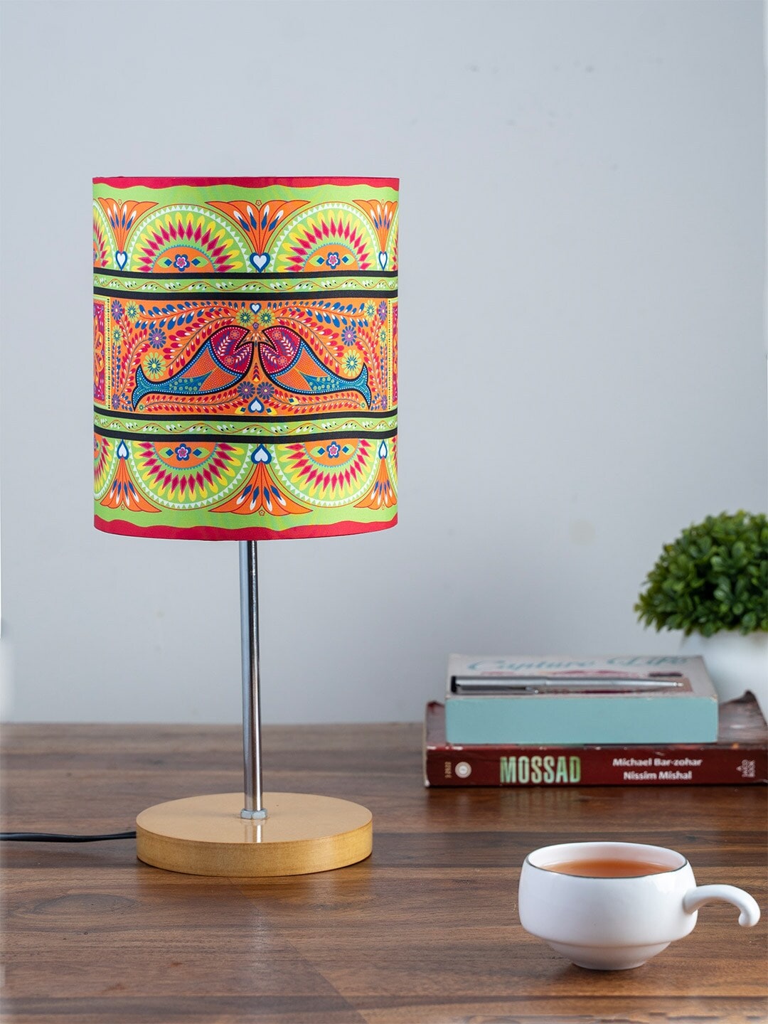 KOLOROBIA Orange & Green Printed Quirky Buffet Table Lamp with Shade Price in India