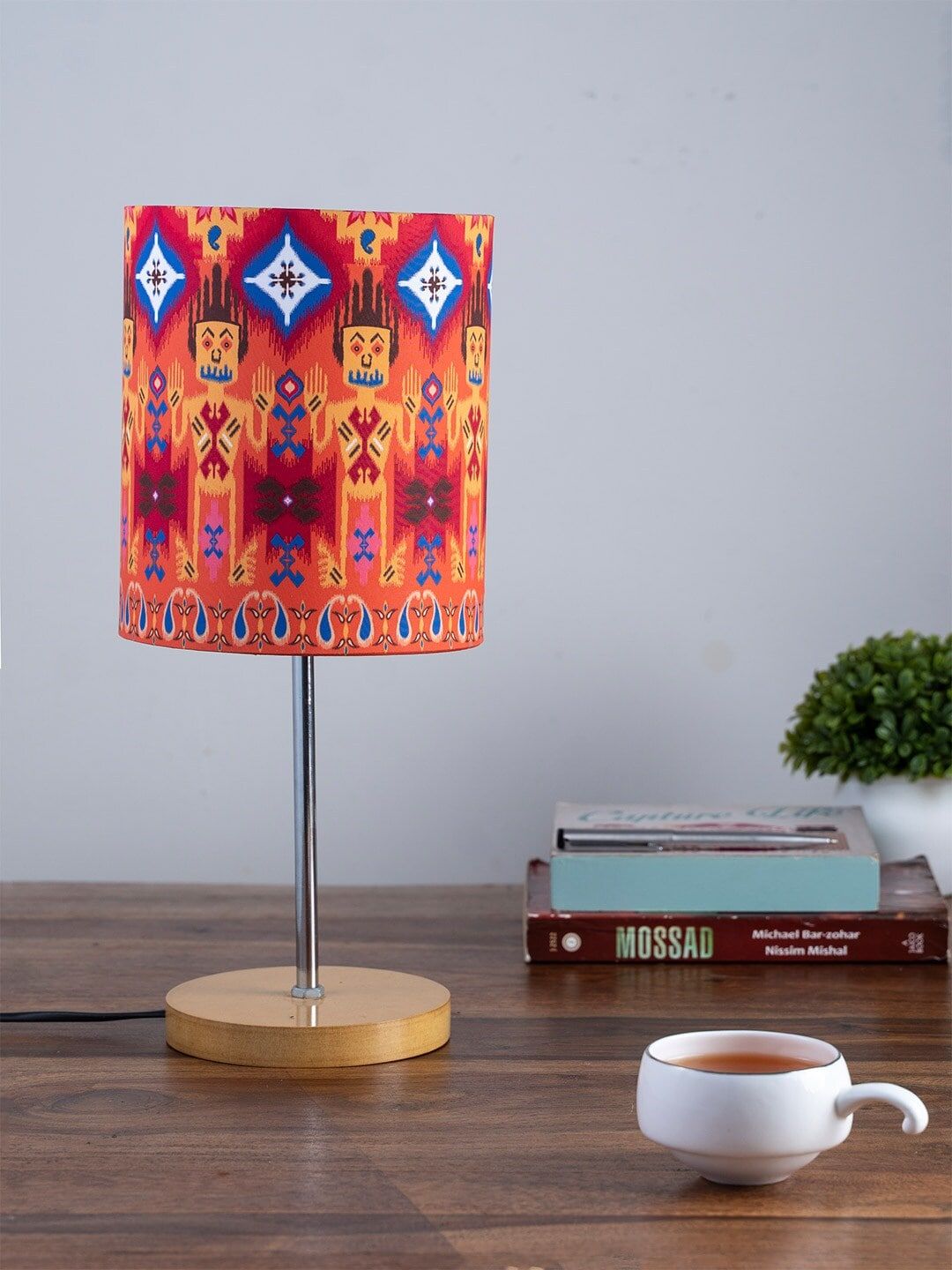 KOLOROBIA Orange & Blue Dazzling Ikat Printed Table Lamp with Shade Price in India