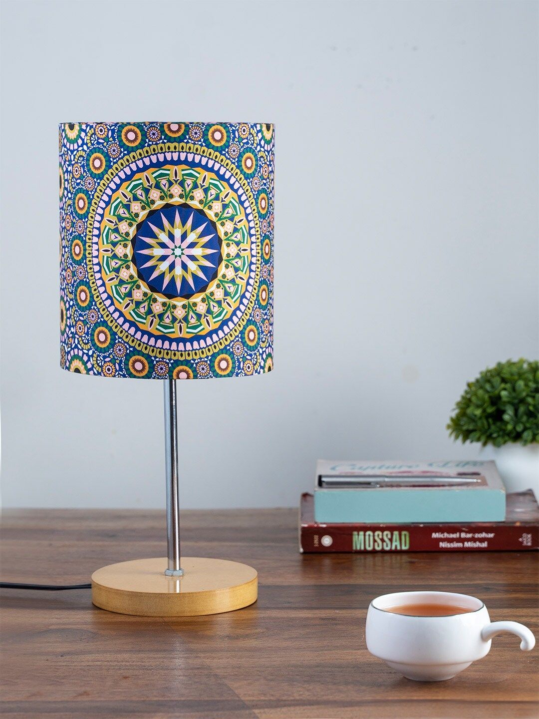 KOLOROBIA Blue & Green Moroccan Inspiration Printed Traditional Table Lamp with Shade Price in India