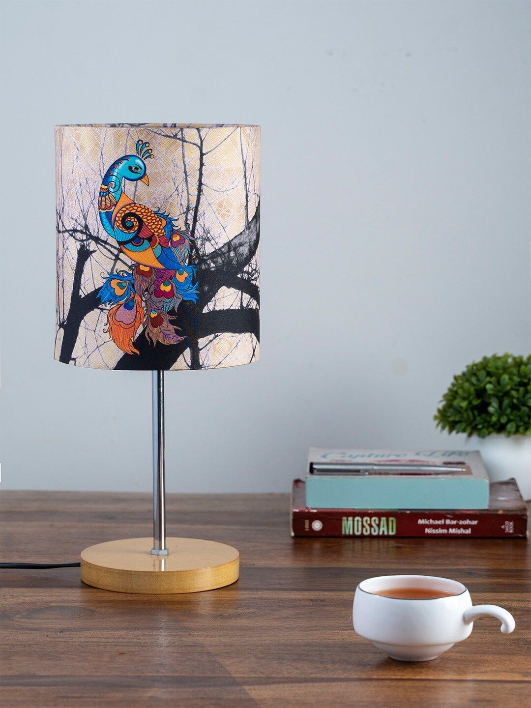 KOLOROBIA Off-White & Blue Printed Quirky Table Lamp with Shade Price in India