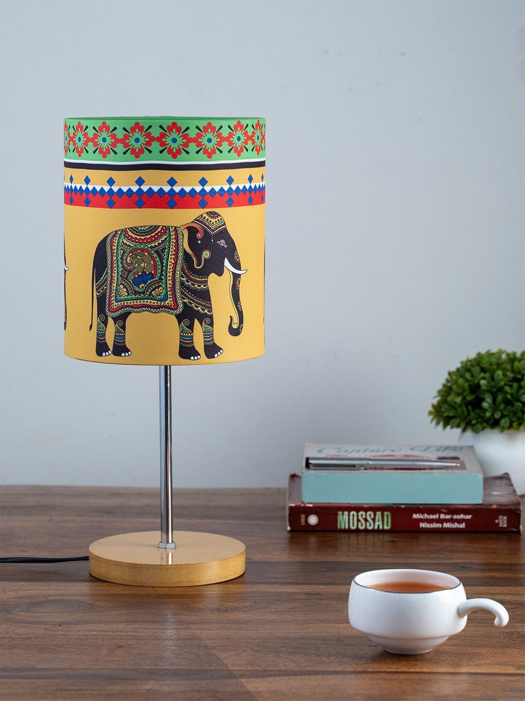 KOLOROBIA Beige & Green Printed Elephant Majesty Table Lamp Price in India