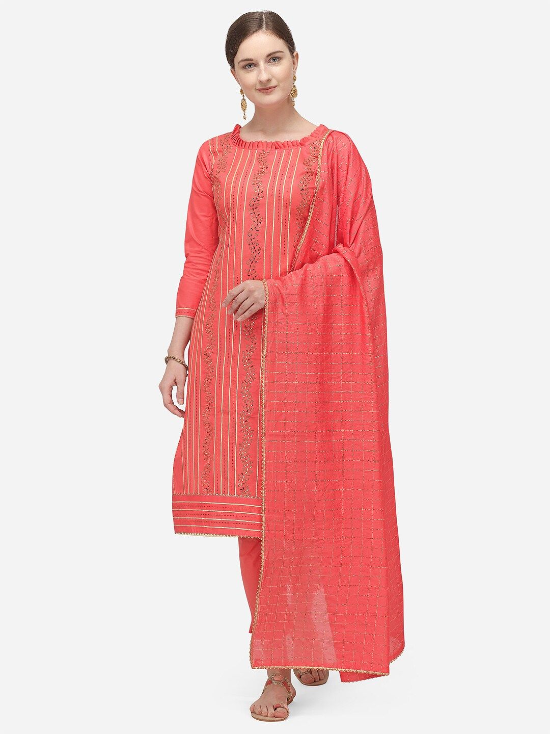 Ethnic Junction Pink & Golden Embellished Unstitched Dress Material Price in India