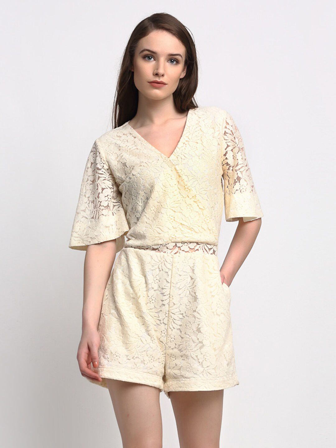 Just Wow Women Cream-Coloured Lace Wrap Playsuit Price in India