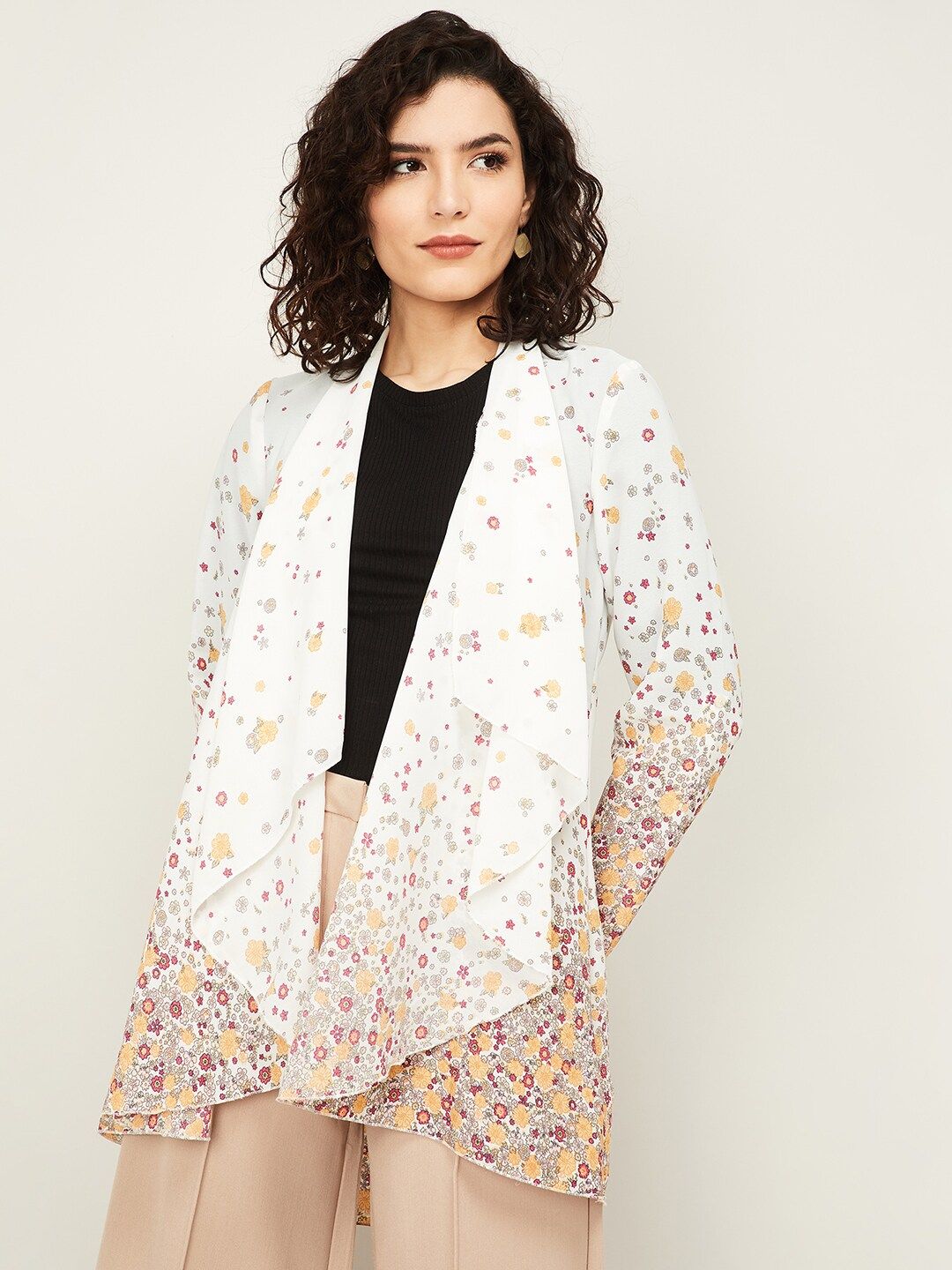 CODE by Lifestyle Women Off-White & Beige Floral Printed Waterfall Shrug Price in India