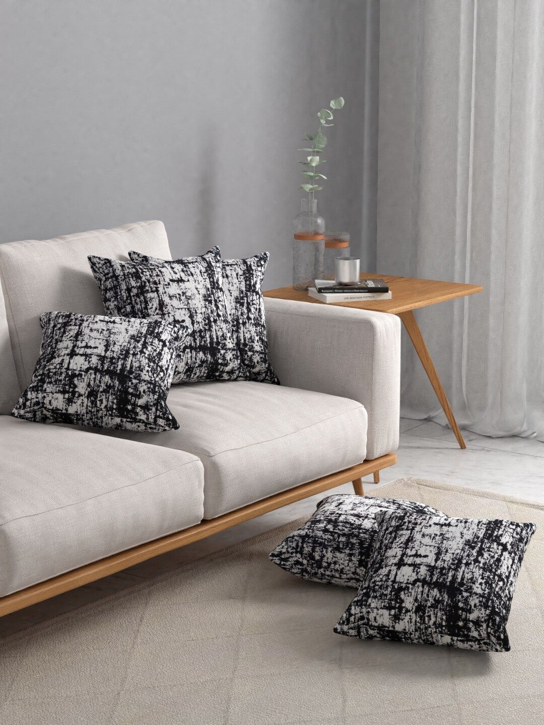 ROSARA HOME  Black Self Design Set Of 5 Jacquard Square Cushion Covers Price in India