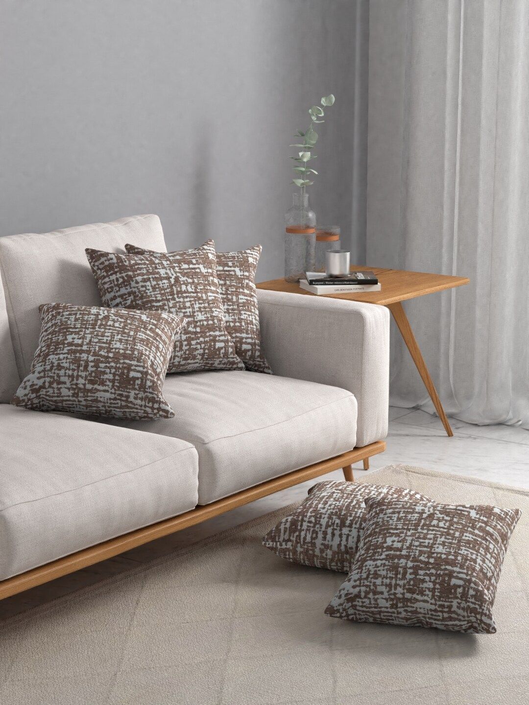 ROSARA HOME Brown Self Design Set Of 5 Jacquard Square Cushion Covers Price in India