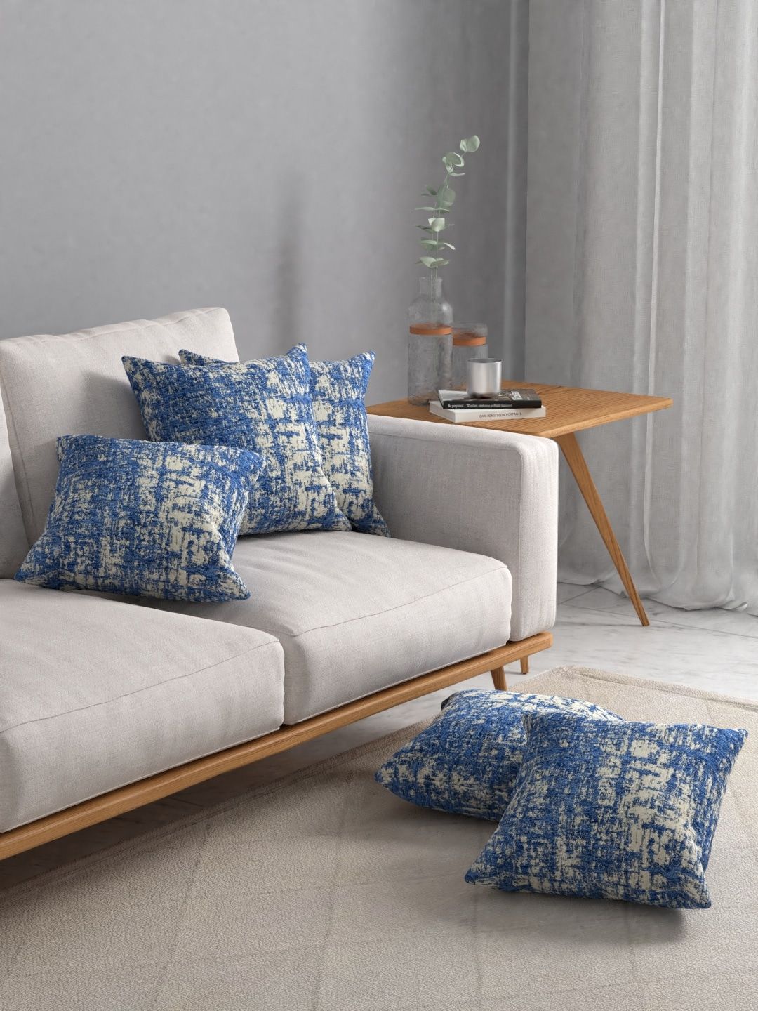 ROSARA HOME Blue Self Design Set Of 5 Jacquard Square Cushion Covers Price in India