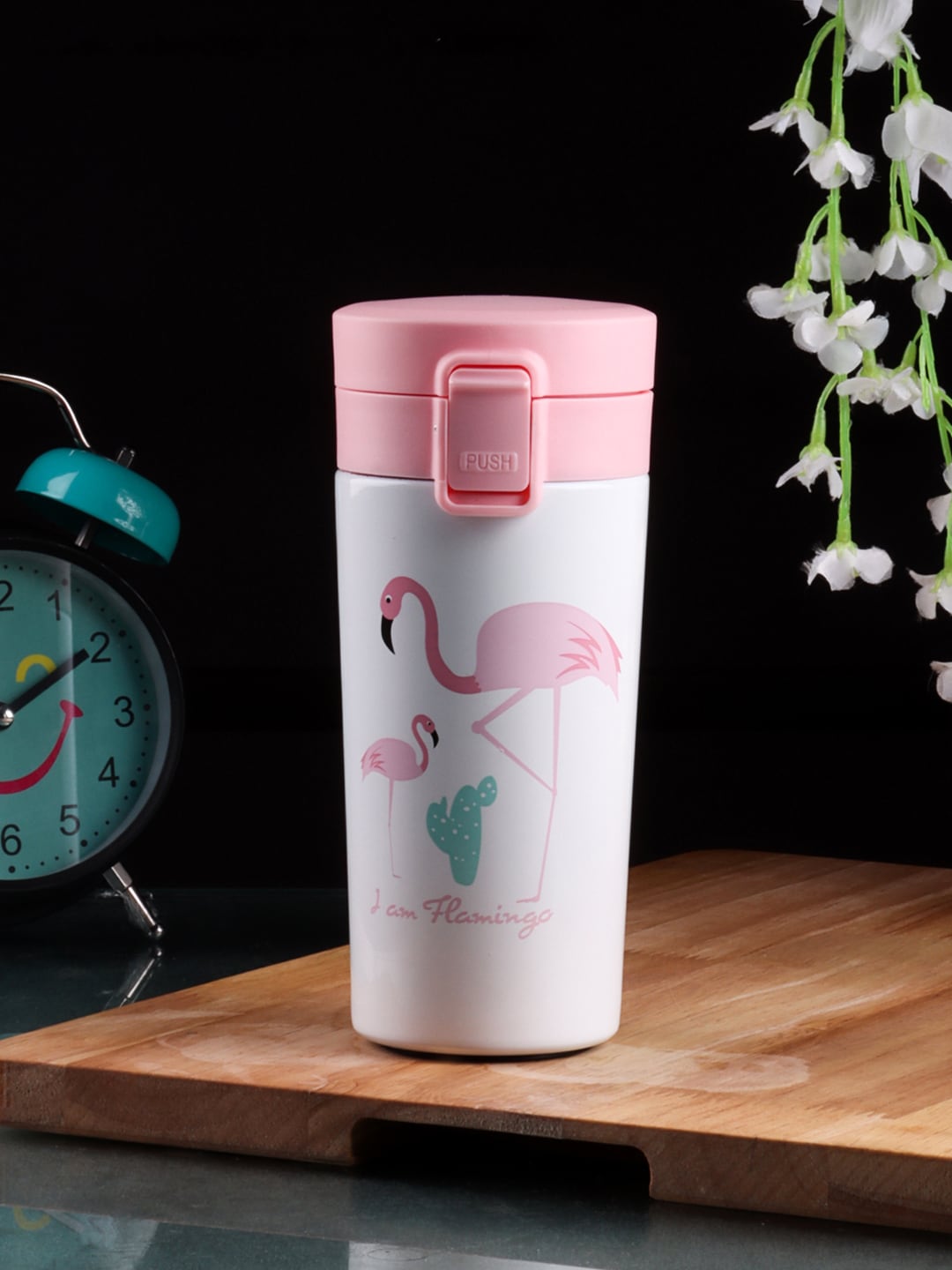 INCRIZMA White & Pink Printed Vacuum Insulated Stainless Steel Thermos Flask Travel Mug Price in India