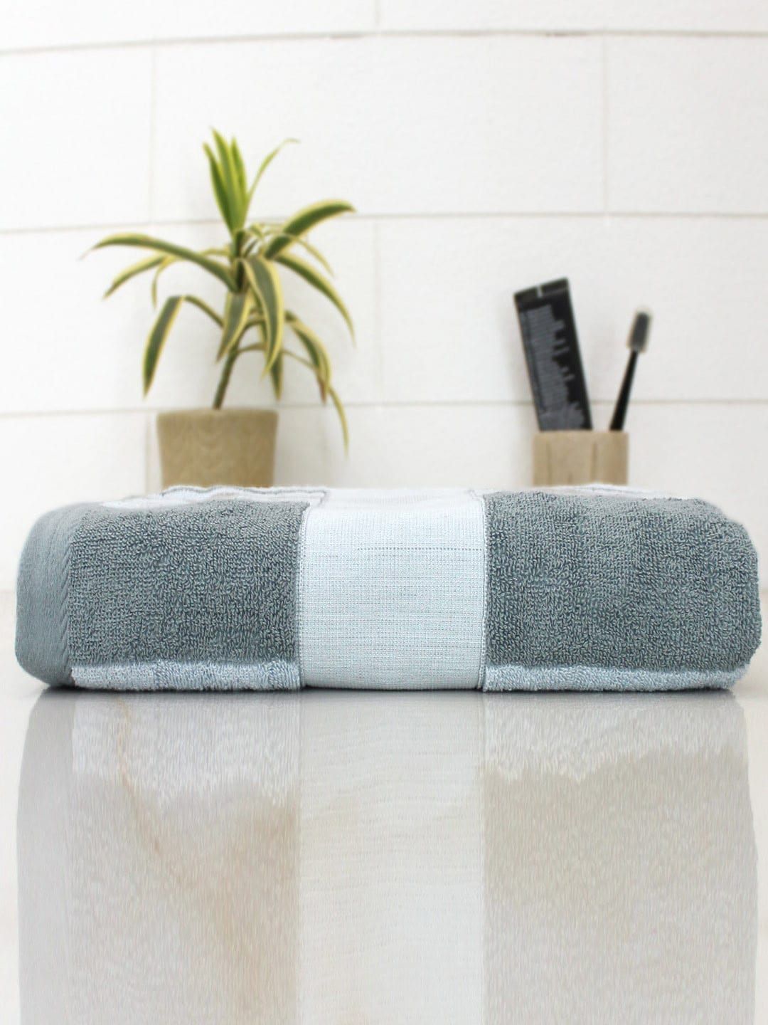 AVI Living Blue & Grey Cotton Striped 570 GSM Bath Towel Price in India