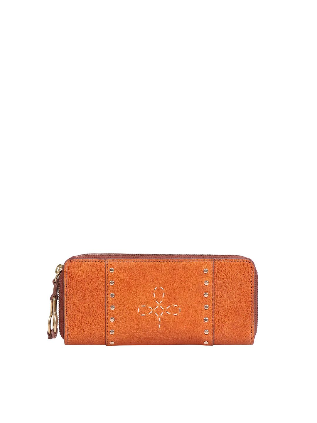 Hidesign Women Orange & White Textured Leather Zip Around Wallet Price in India