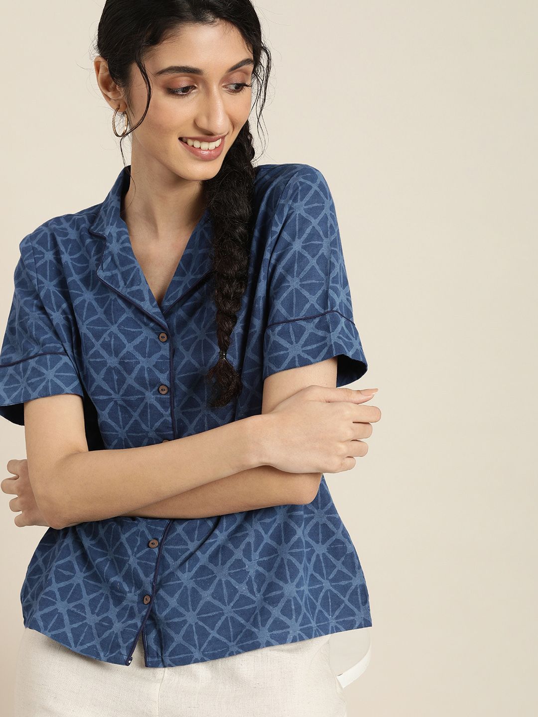 Taavi Women Navy Blue Indigo Print Pure Cotton Lounge Top Price in India