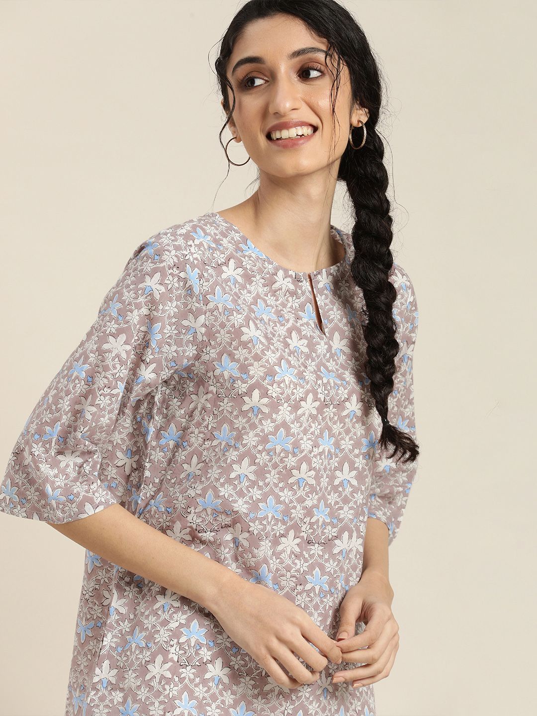 Taavi Mauve & Blue Hand Block Print Legacy Floral Lounge Top Price in India