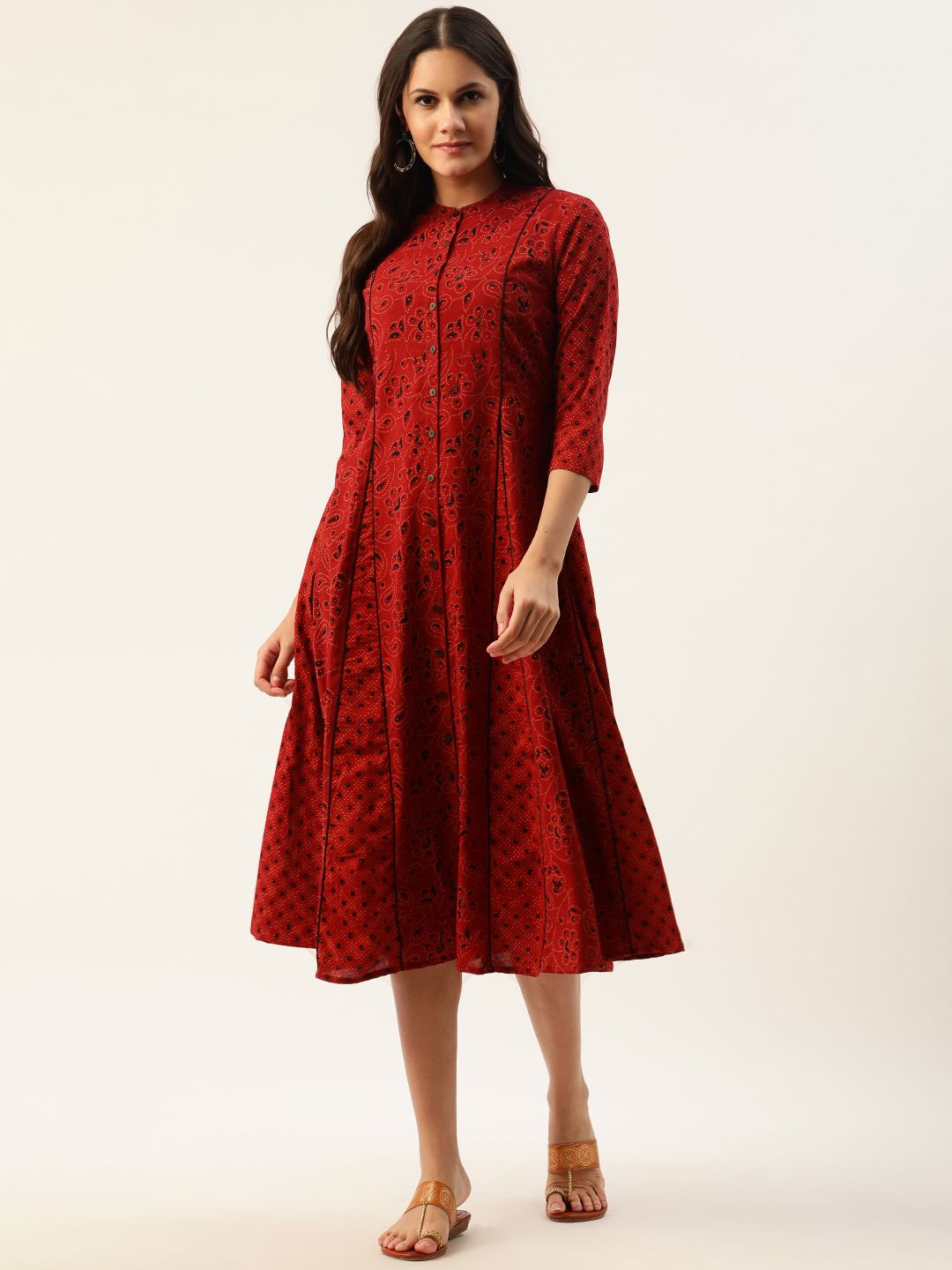 Taavi Women Red & Black Ajrakh Hand Block Print Cotton Sustainable A-Line Dress