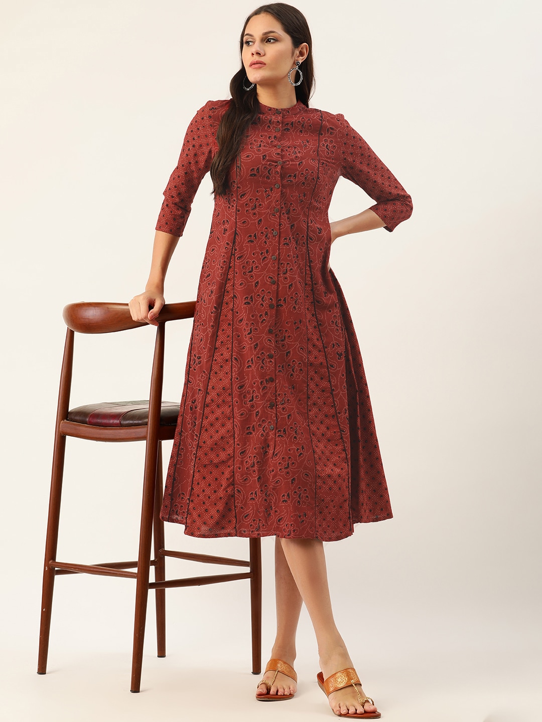 Taavi Women Red & Black Ajrakh Hand Block Print Cotton Sustainable A-Line Dress Price in India