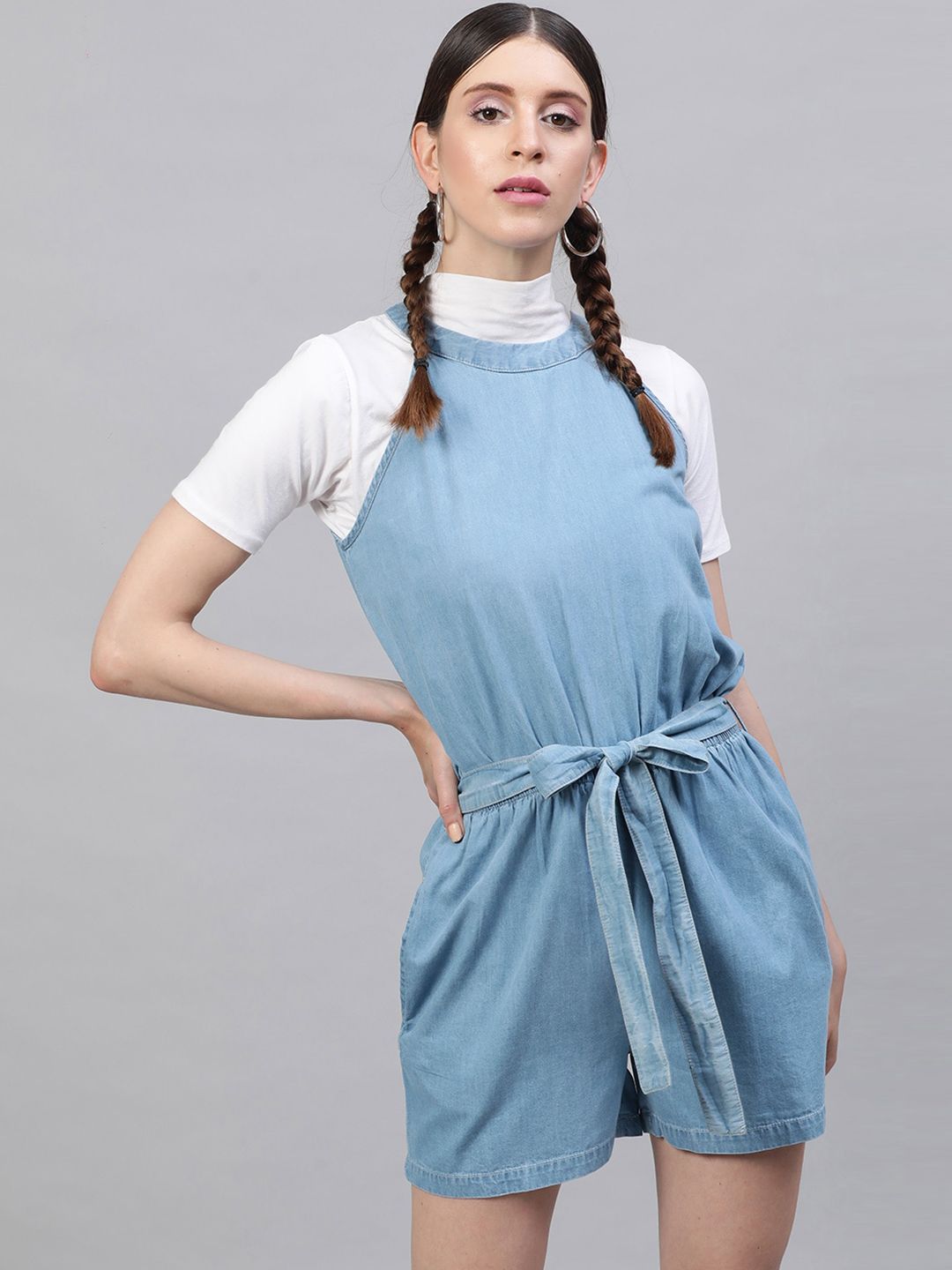 STREET 9 Women Blue Solid Cotton Playsuit Price in India