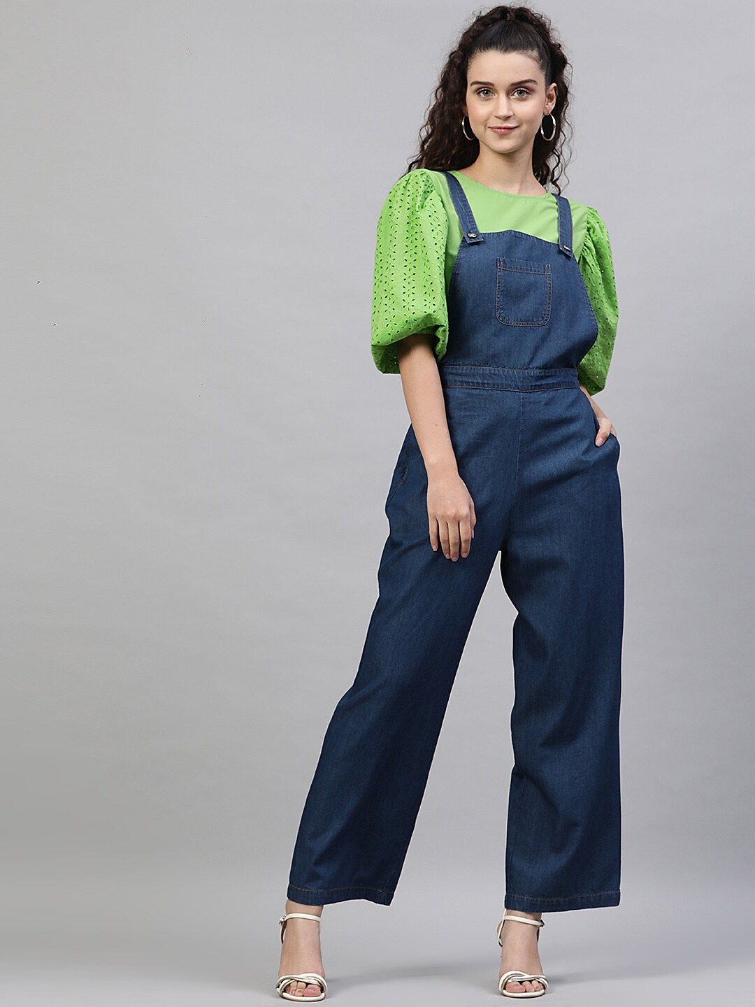 STREET 9 Women Navy Blue Solid Cotton Denim Jumpsuit Price in India