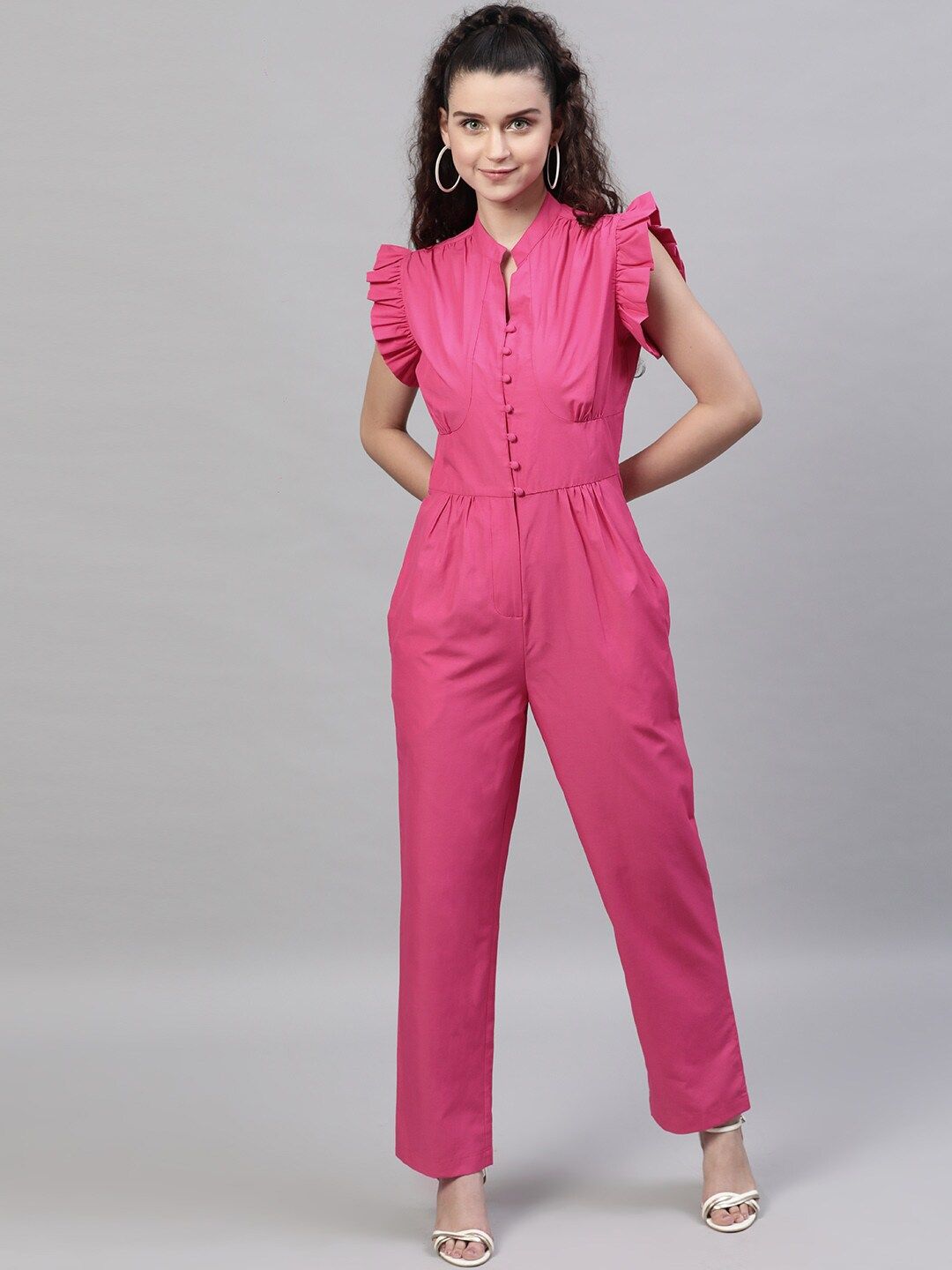 STREET 9 Women Pink Solid Cotton Basic Jumpsuit Price in India