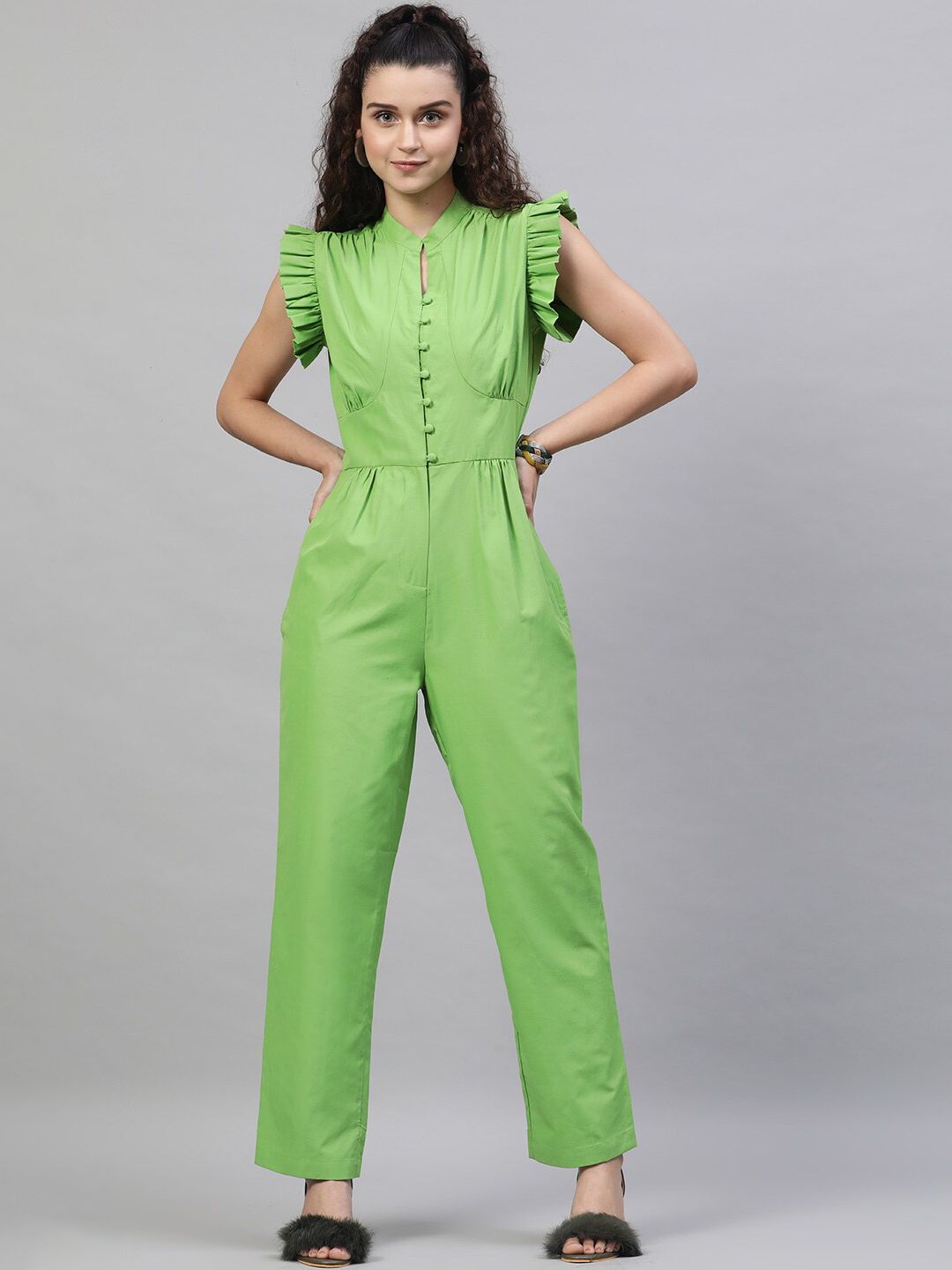 STREET 9 Women Green Solid Basic Cotton Jumpsuit Price in India