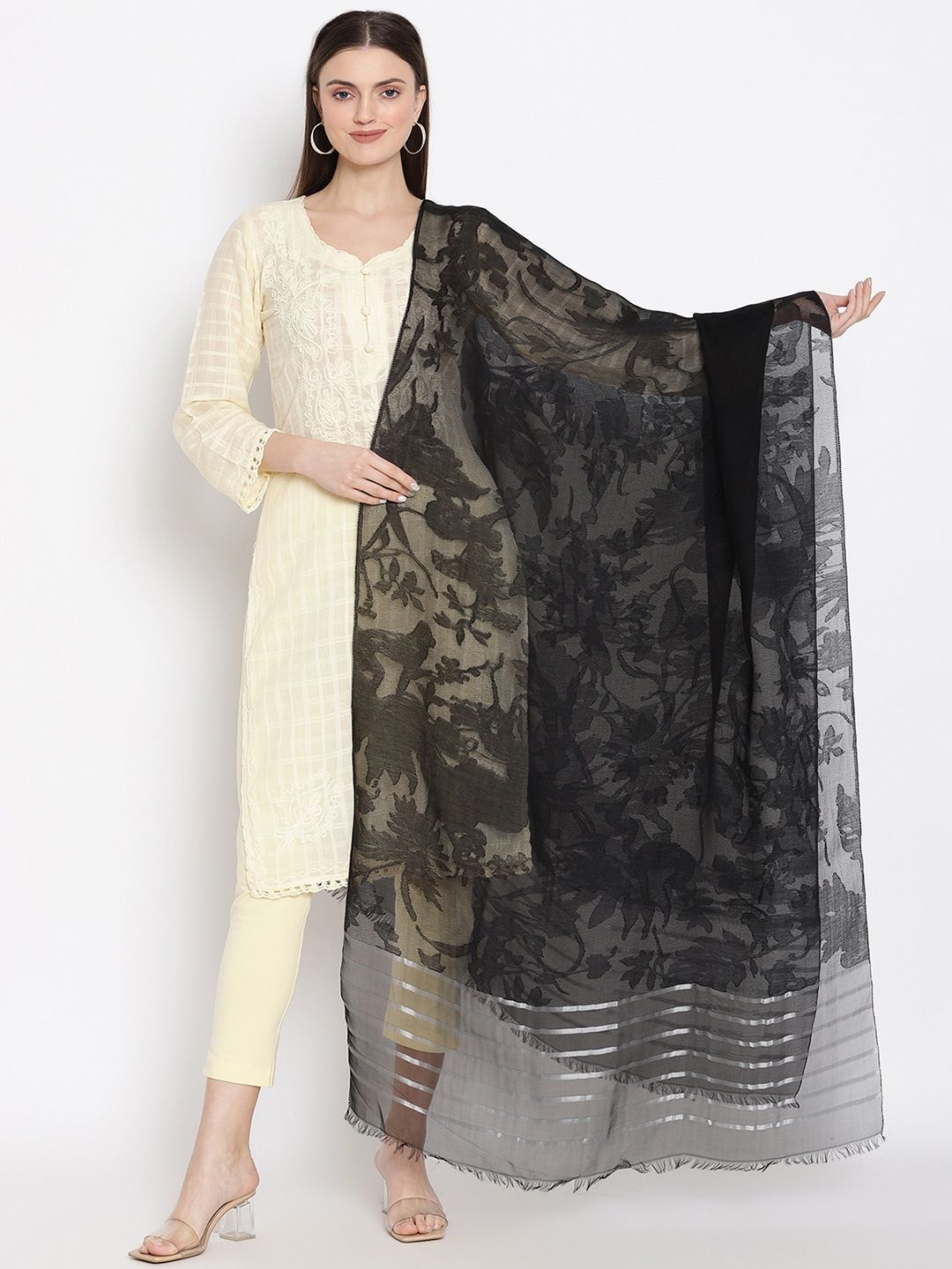 SHINGORA Grey & Black Woven Design Dupatta Price in India