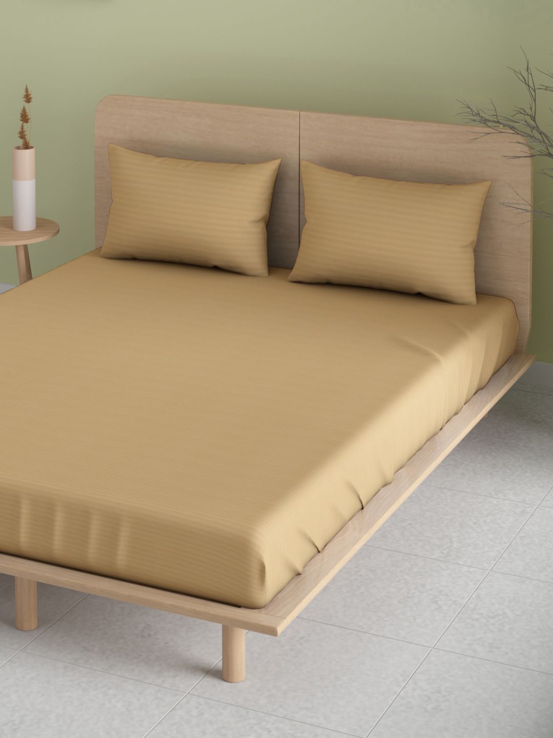 Aura Beige Self Striped 144 TC Double King Bedsheet with 2 Pillow Covers Price in India