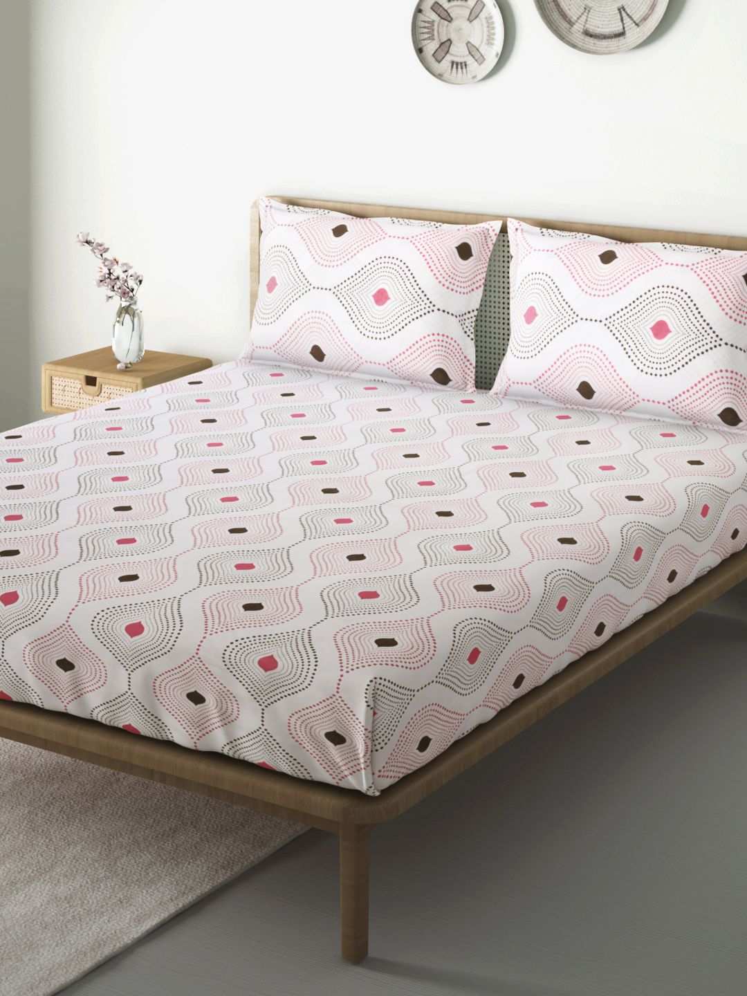 Aura White & Pink Geometric 144 TC 120 GSM Cotton Queen Bedsheet with 2 Pillow Covers Price in India