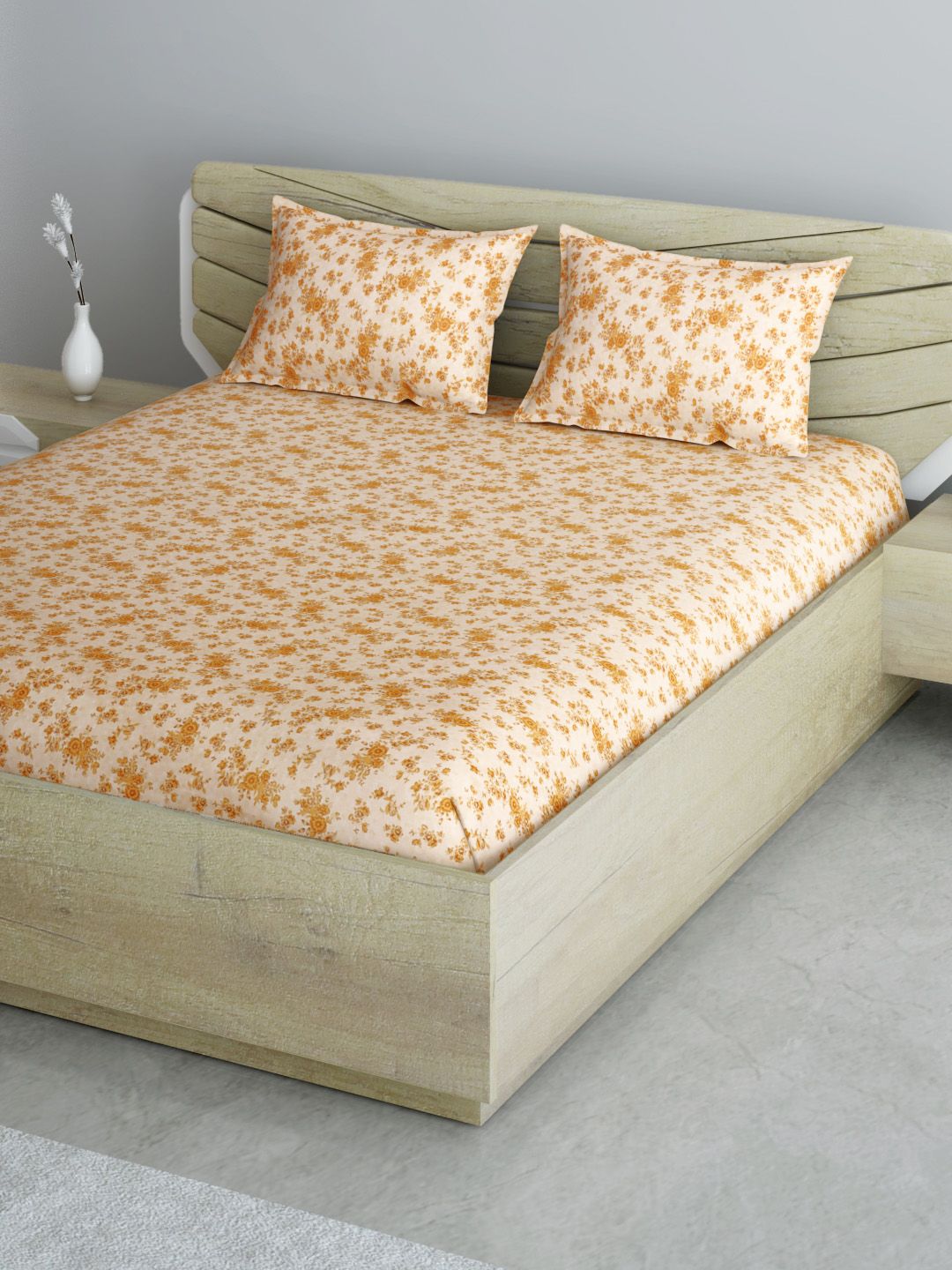 Aura Beige & Brown Floral 144 TC 120 GSM Cotton Queen Bedsheet with 2 Pillow Covers Price in India