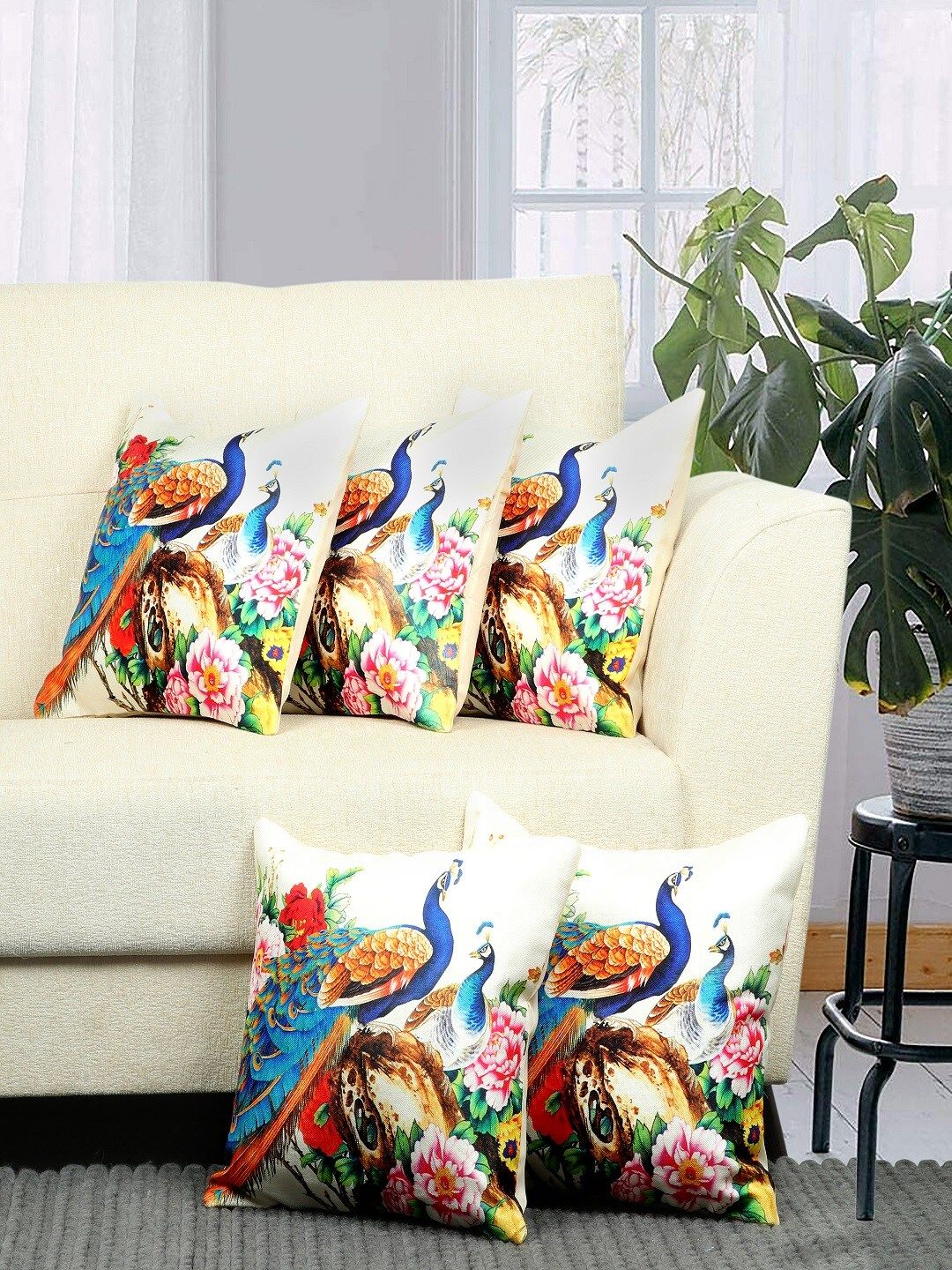BELLA TRUE White & Blue Set of 5 Ethnic Motifs Square Cushion Covers Price in India