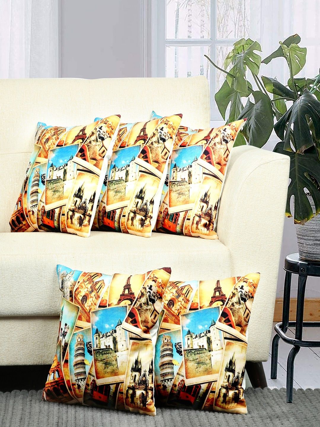 BELLA TRUE Cream-Coloured & Brown Set of 5 Abstract Square Cushion Covers Price in India
